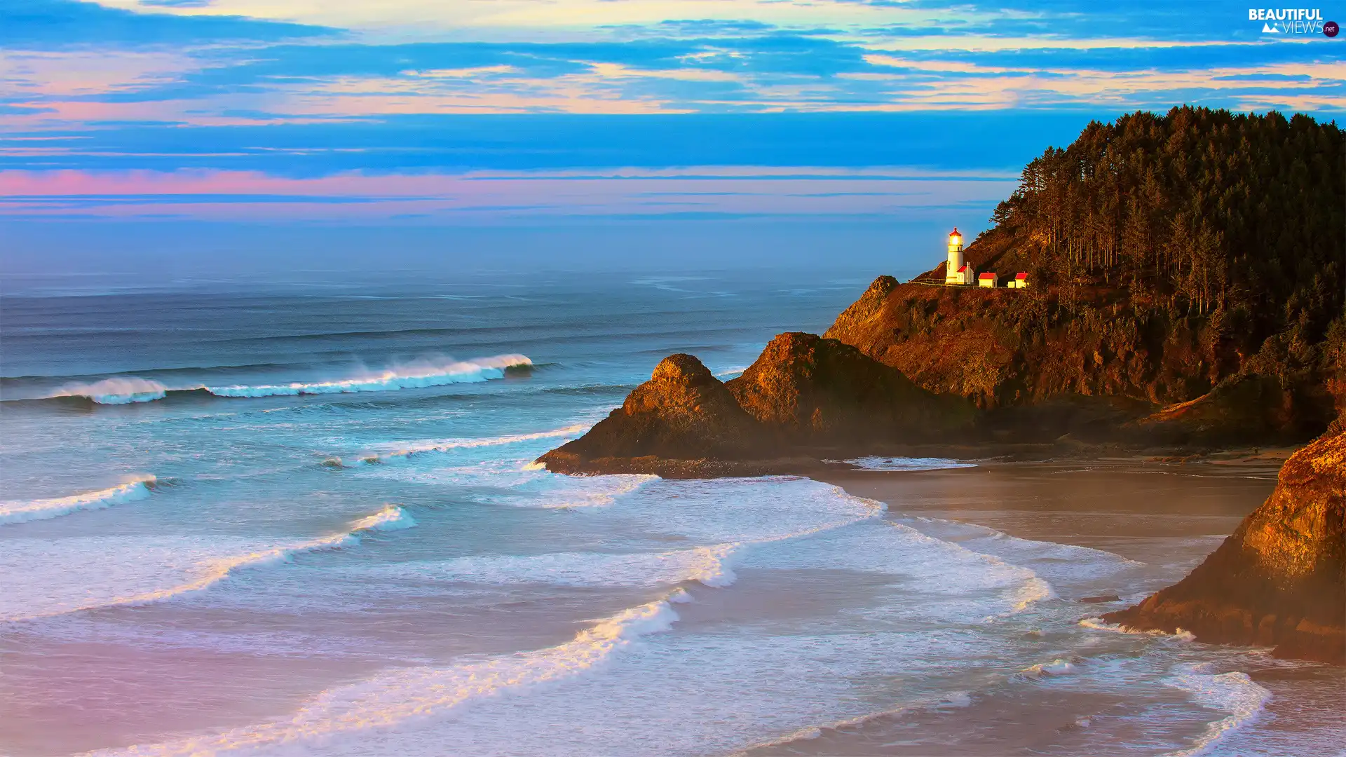 Coast, The United States, Sky, Lighthouse Heceta Head, sea, State of Oregon