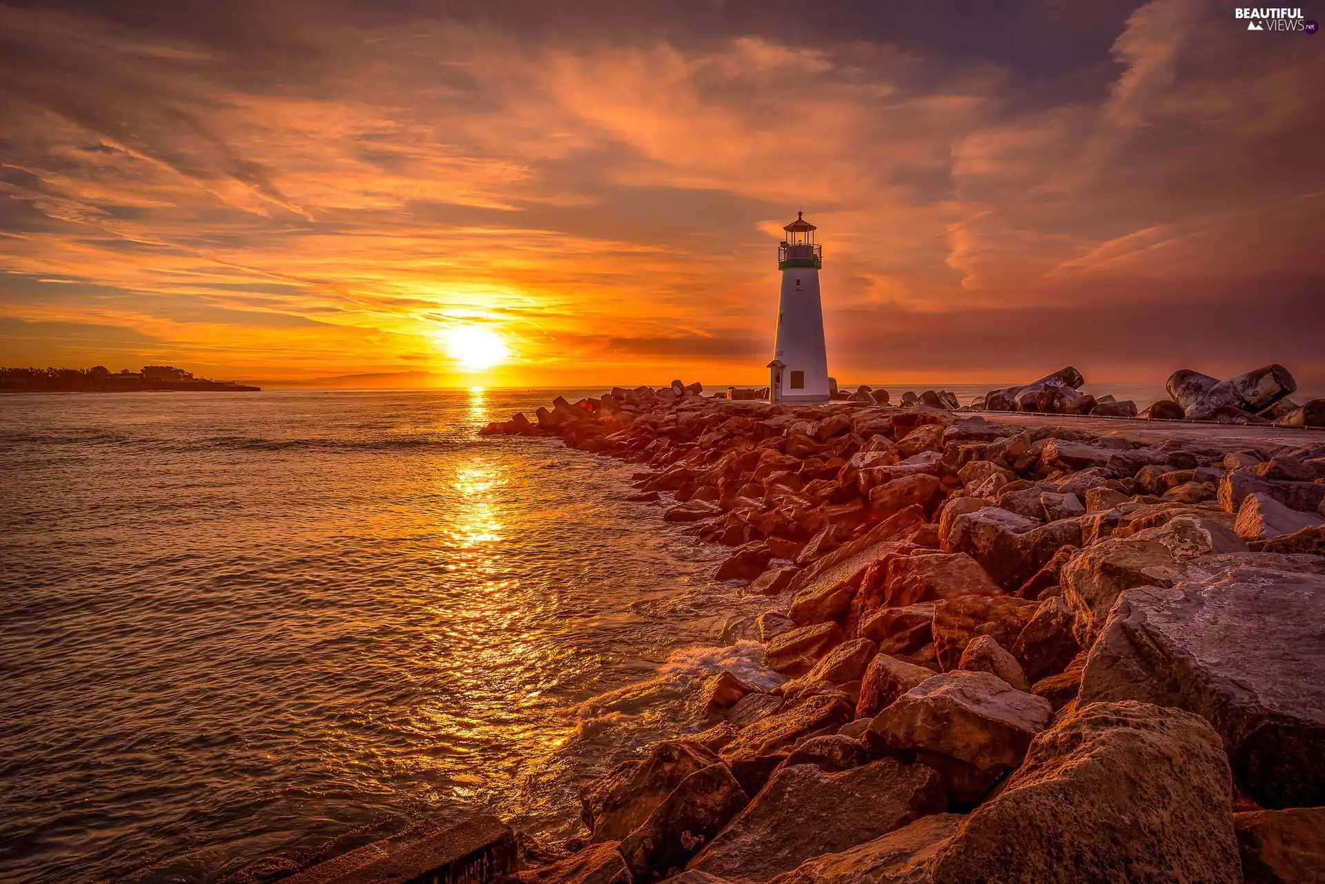 Santa Cruz, State of California, clouds, The United States, Sunrise, Walton Lighthouse, sea, Stones