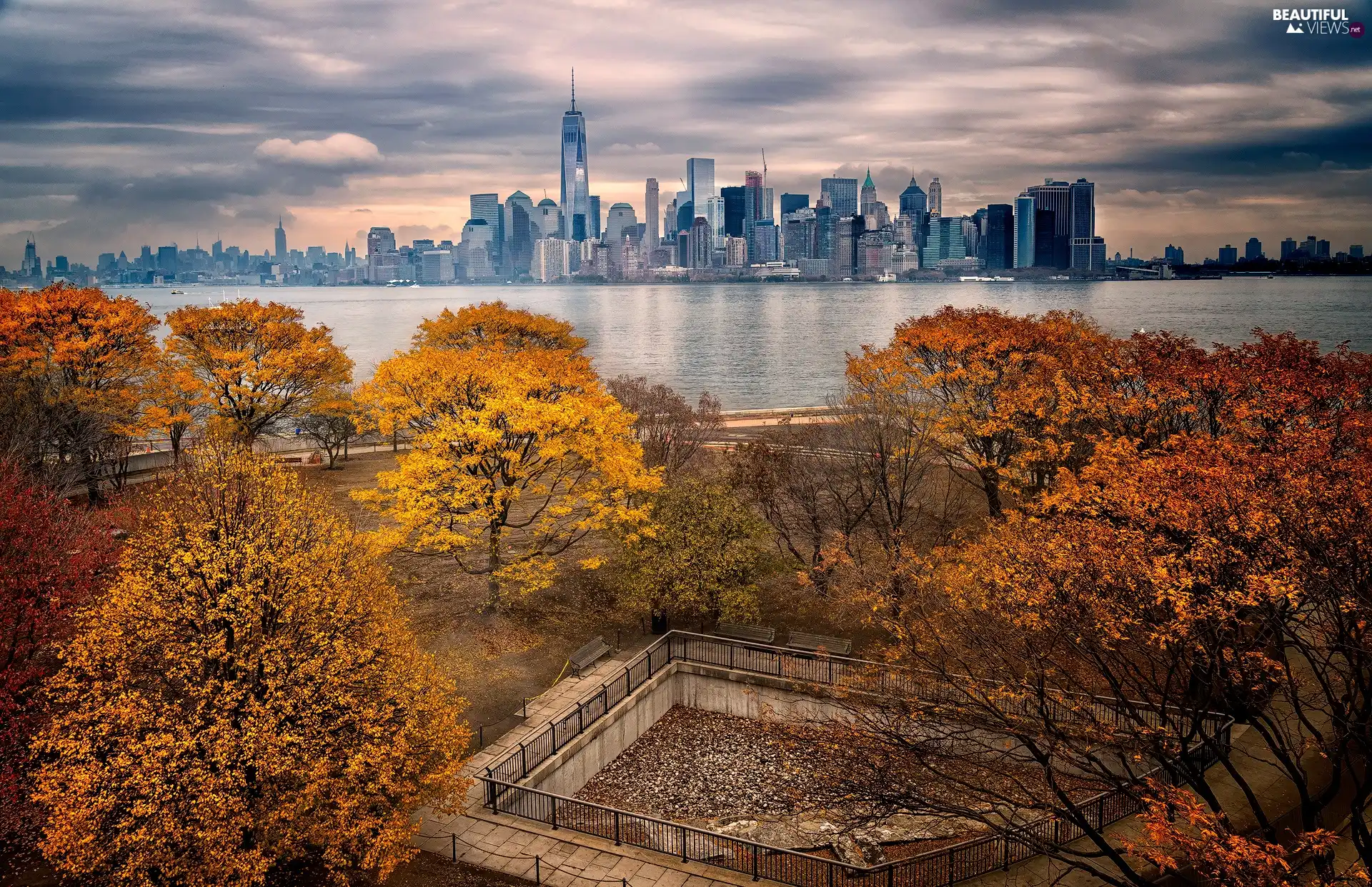 State of New Jersey, The United States, Ellis Island, Hudson River, trees, viewes, Downtown Manhattan, autumn, State of New York