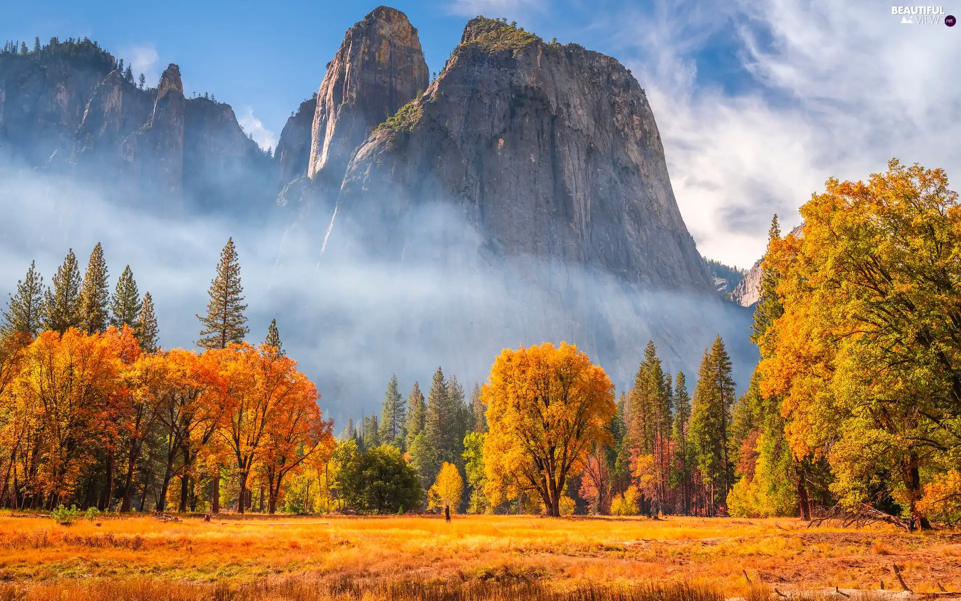 California, The United States, Yosemite National Park, rocks, viewes, Mountains, Fog, trees, autumn
