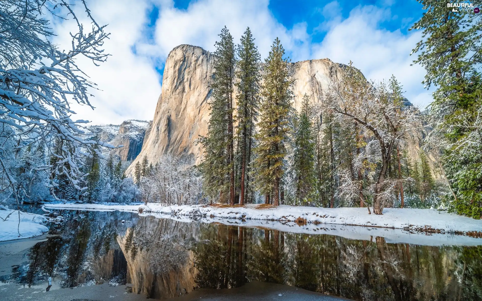 California, The United States, Yosemite National Park, Mountains, viewes, River, winter, trees, rocks