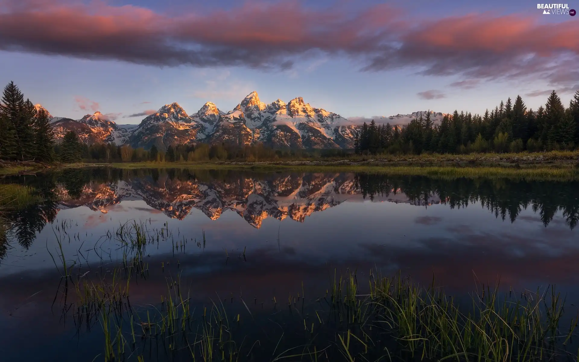 Snowy, The United States, Grand Teton Peak, rocky mountains, trees, reflection, lake, Grand Teton National Park, State of Wyoming, viewes, forest