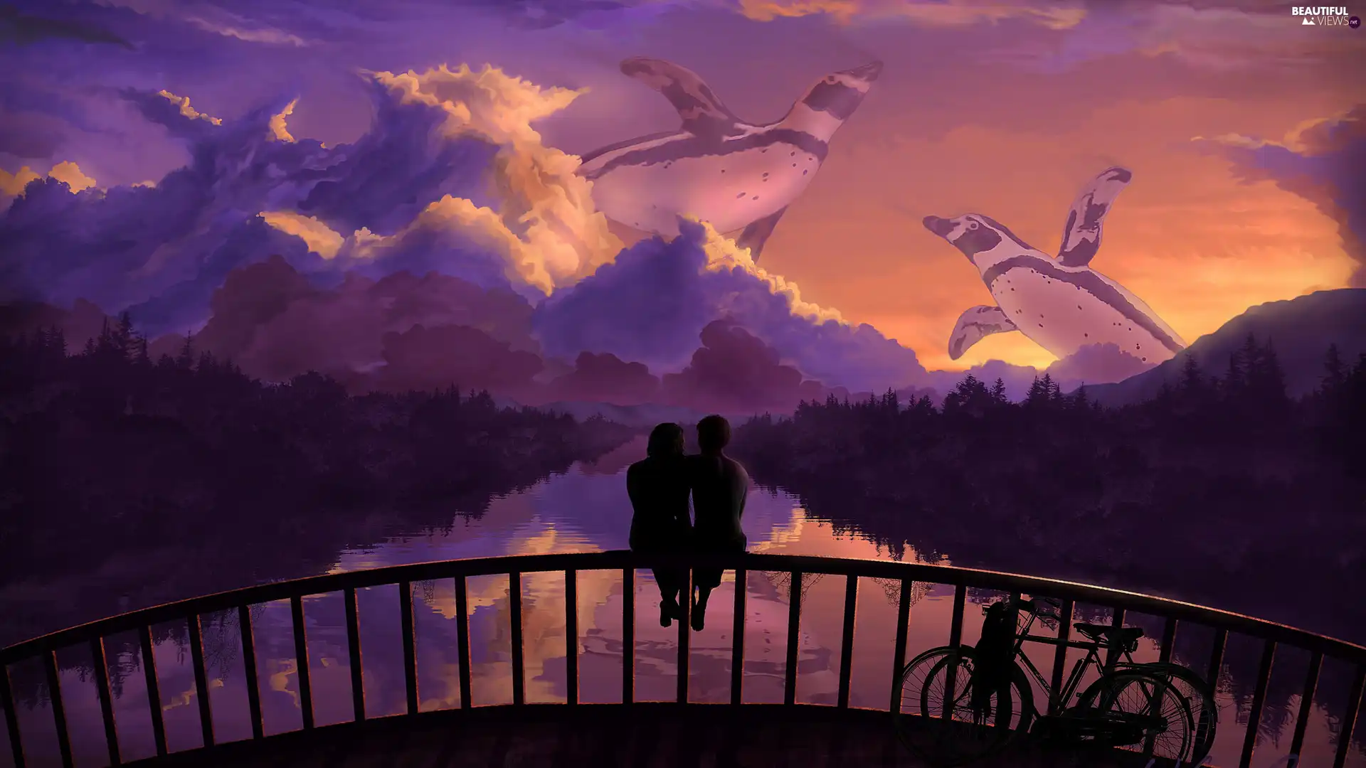 Platform, Women, penguin, love, evening, River, fantasy, Bikes, Steam, graphics, a man, Sky, lovers