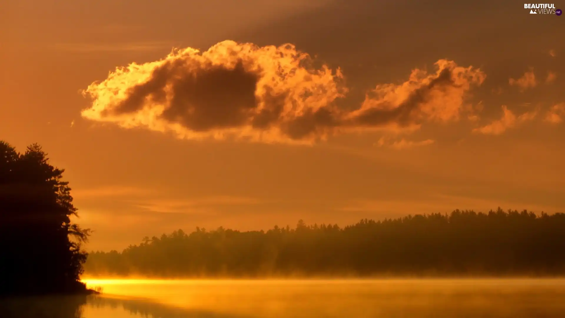 west, lake, Steam, sun