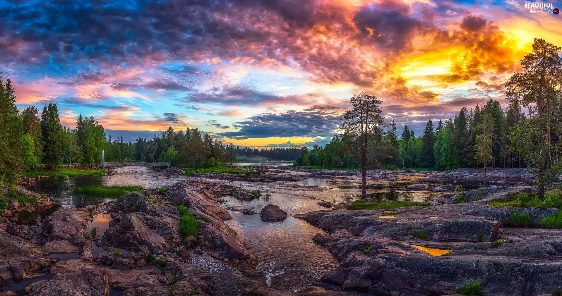 forest, Koiteli Area, Finland, viewes, Sunrise, Kiiminkijoki River, Kiiminki, Stones, trees, clouds