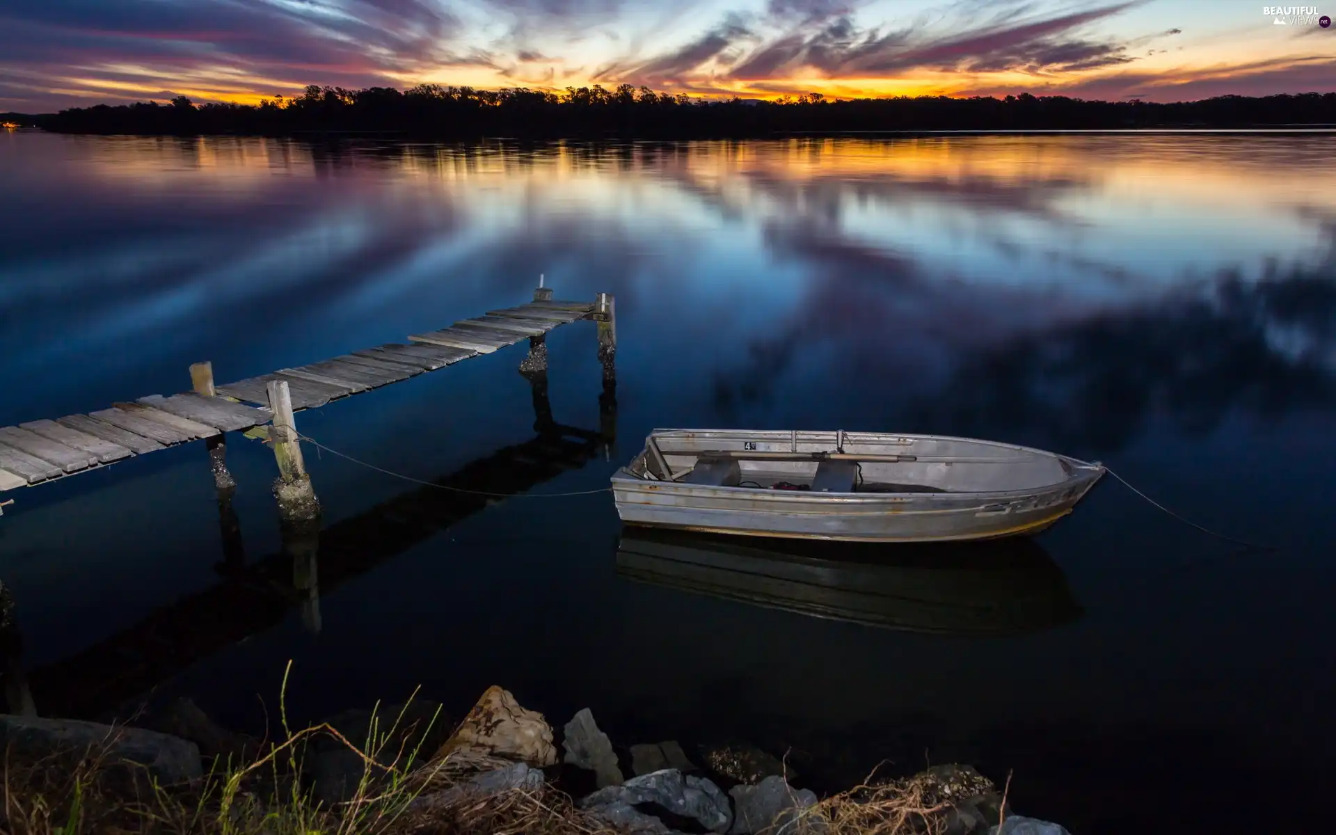 Boat, lake, Stones, Platform