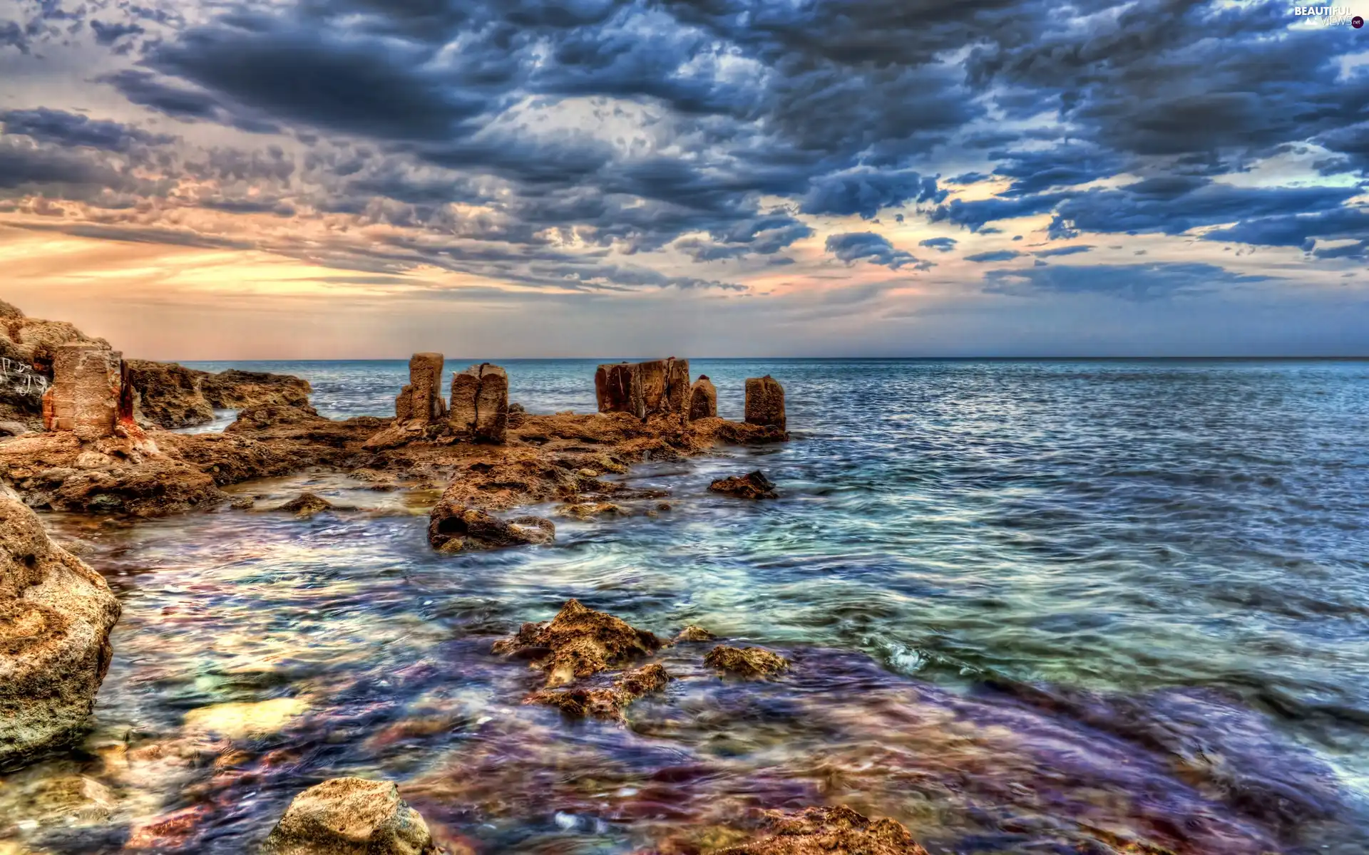 Clouds, sea, Stones rocks, Sky