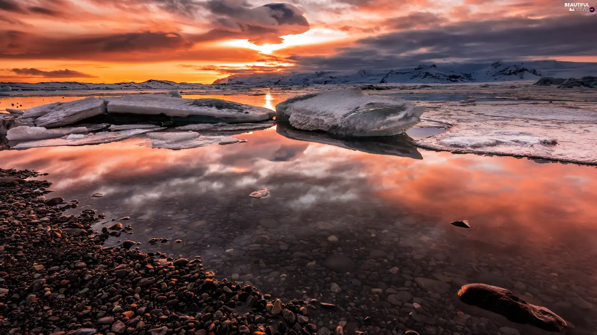 Stones, lumps, winter, ice, Great Sunsets, coast, sea, Mountains