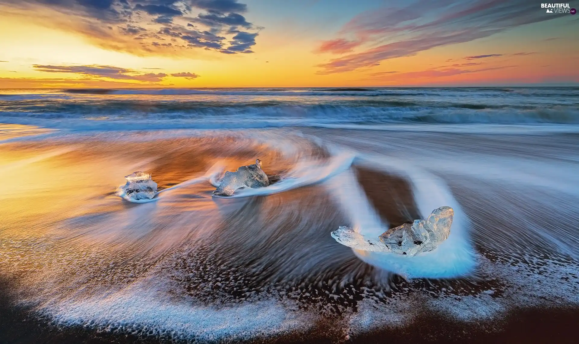 sea, Stones, Great Sunsets, Waves