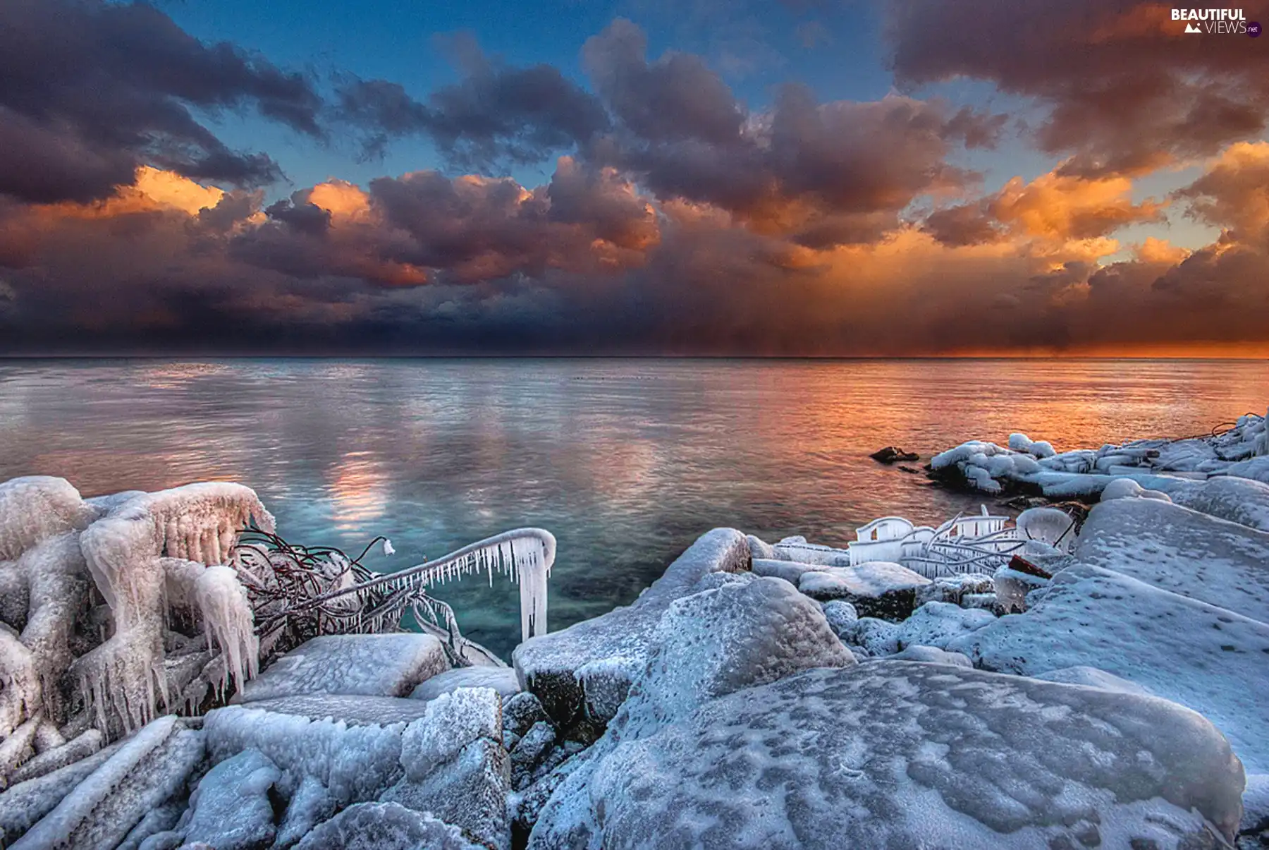 Stones, icicle, marine, coast, winter