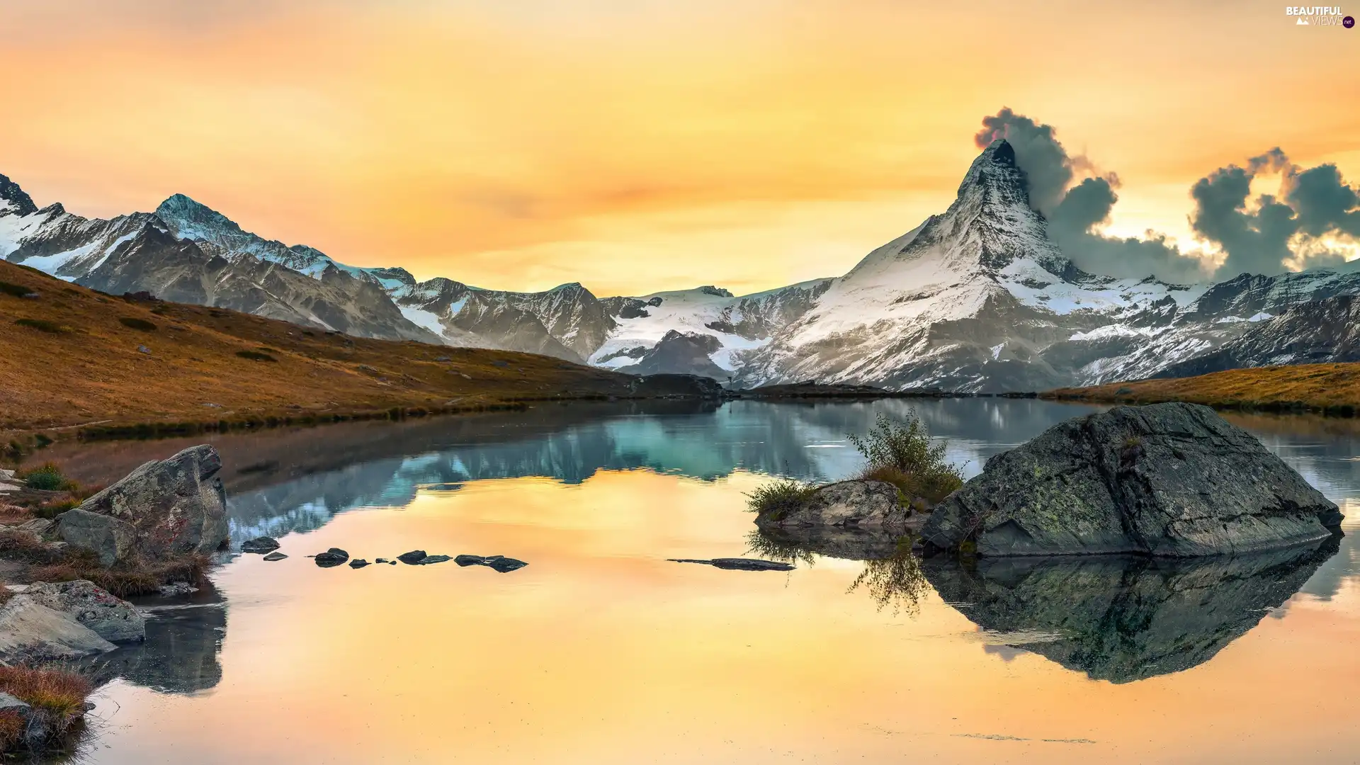 peaks, Stones, Mountains, Snowy, lake