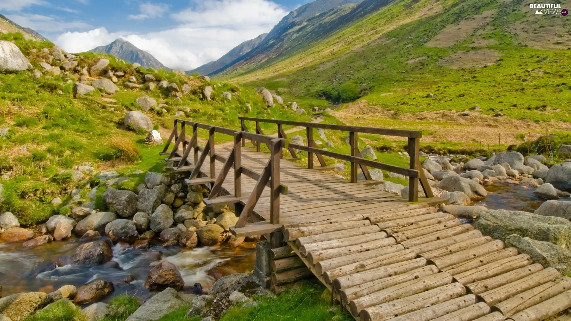 Stones, Mountains, bridges, River, wooden