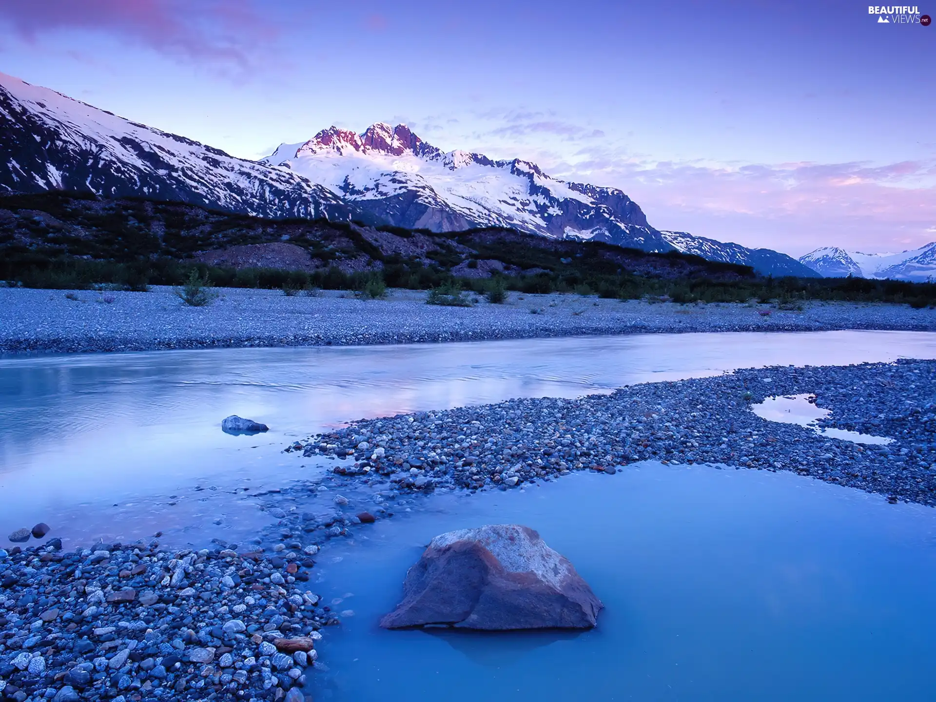 River, snow, Stones, mountains