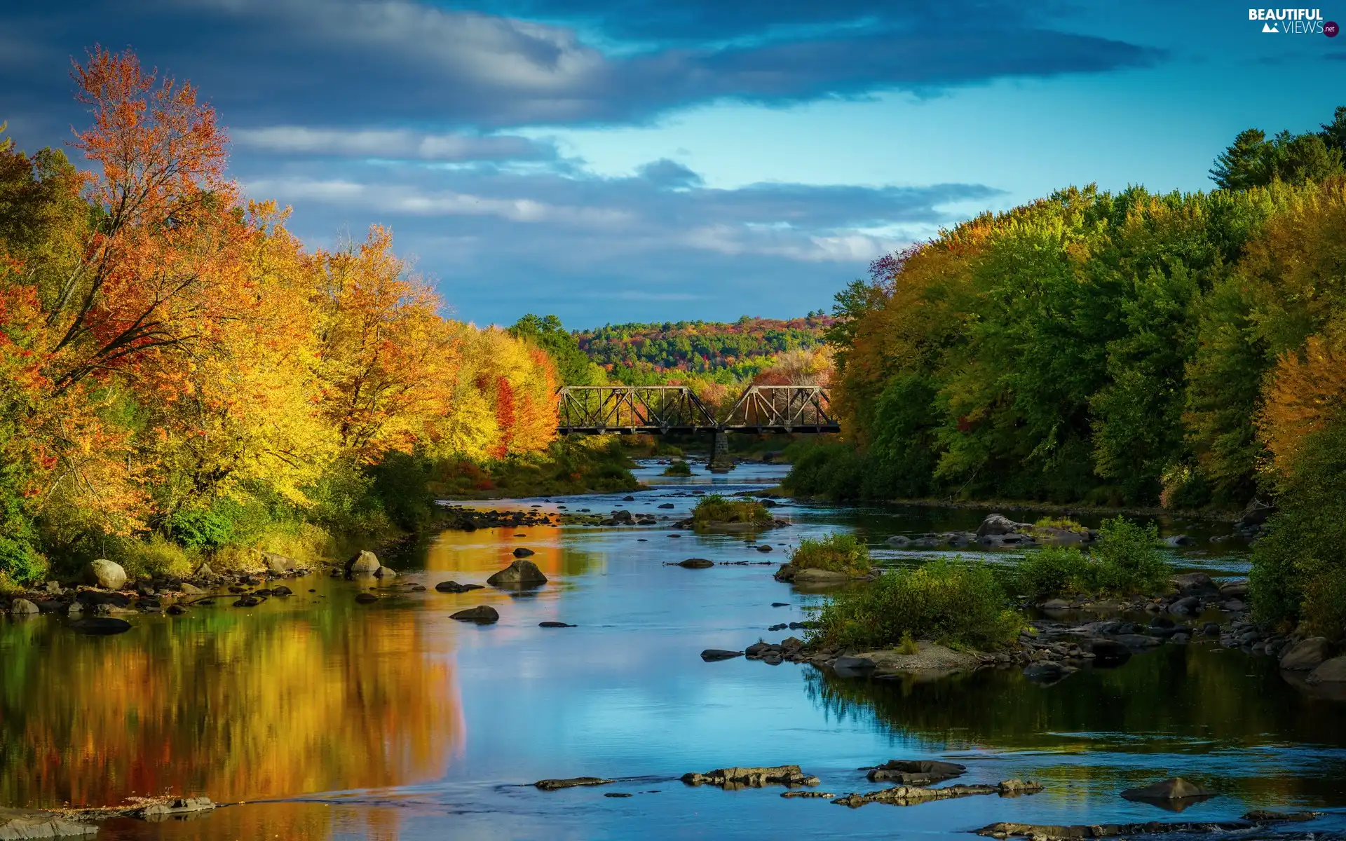 bridge, autumn, viewes, Stones, trees, River