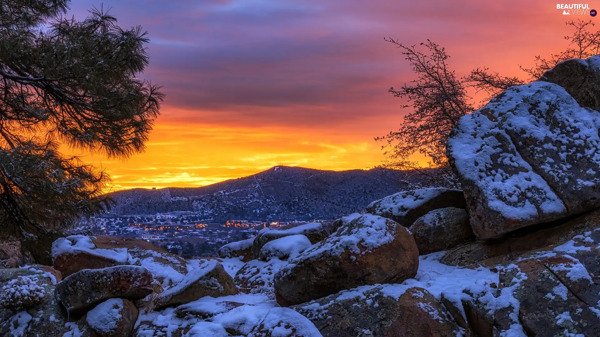 Prescott, Sunrise, Arizona, The United States, Stones, rocks, winter, Snowy, Mountains