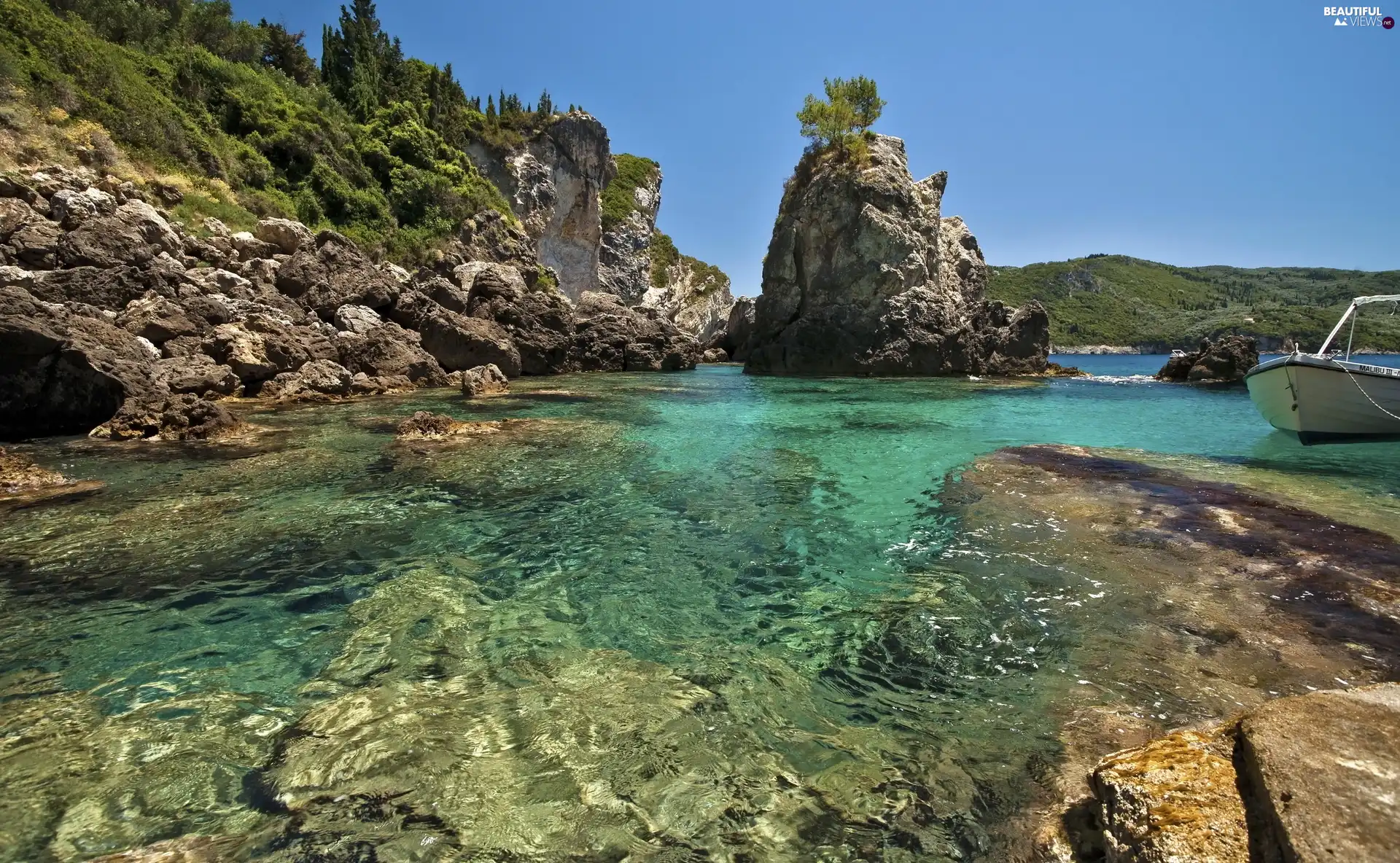 Stones, rocks, Gulf, Motor boat, lake