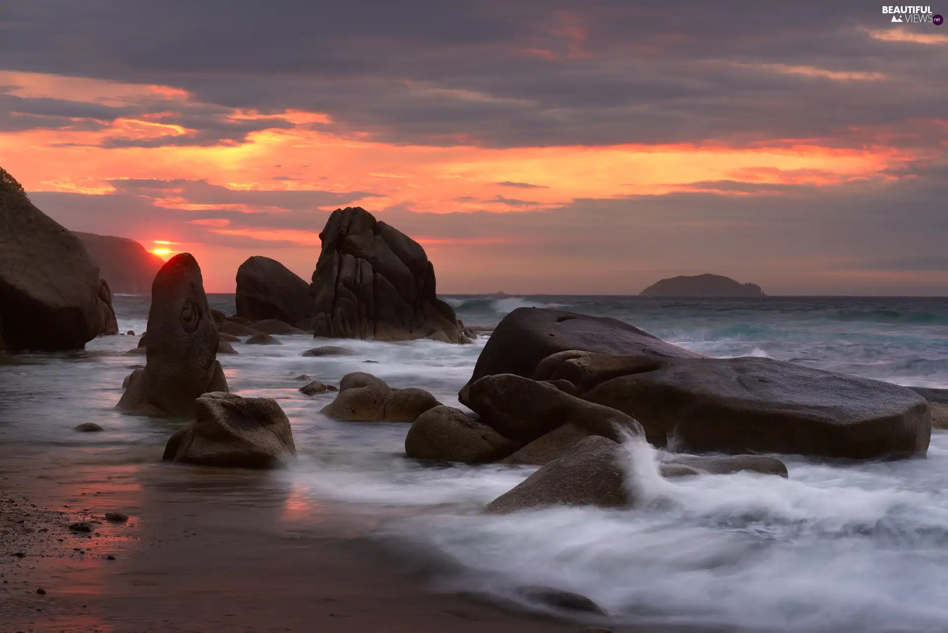 clouds, Great Sunsets, Stones, sea, rocks