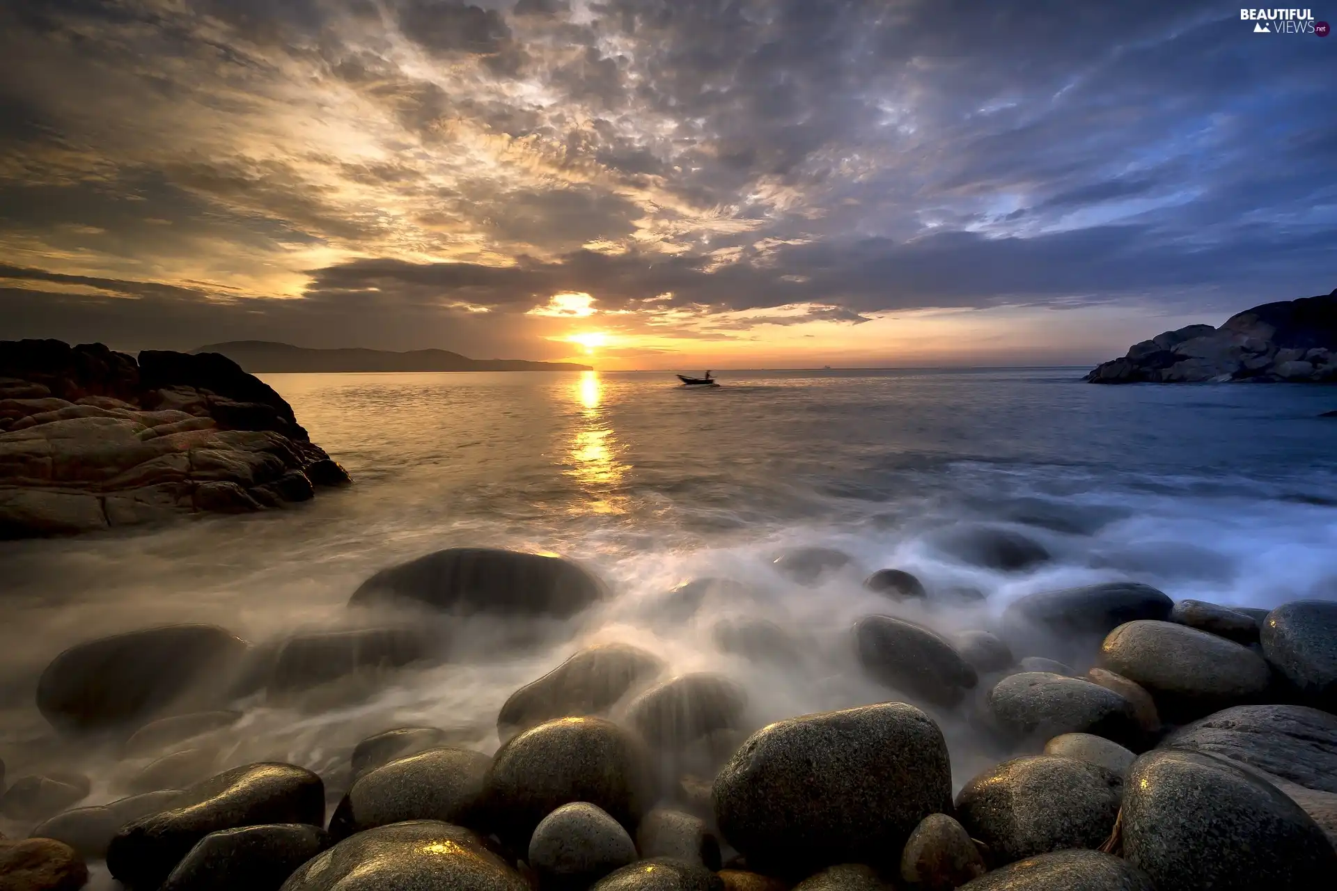Sunrise, Coast, rocks, Stones, Boat, sea