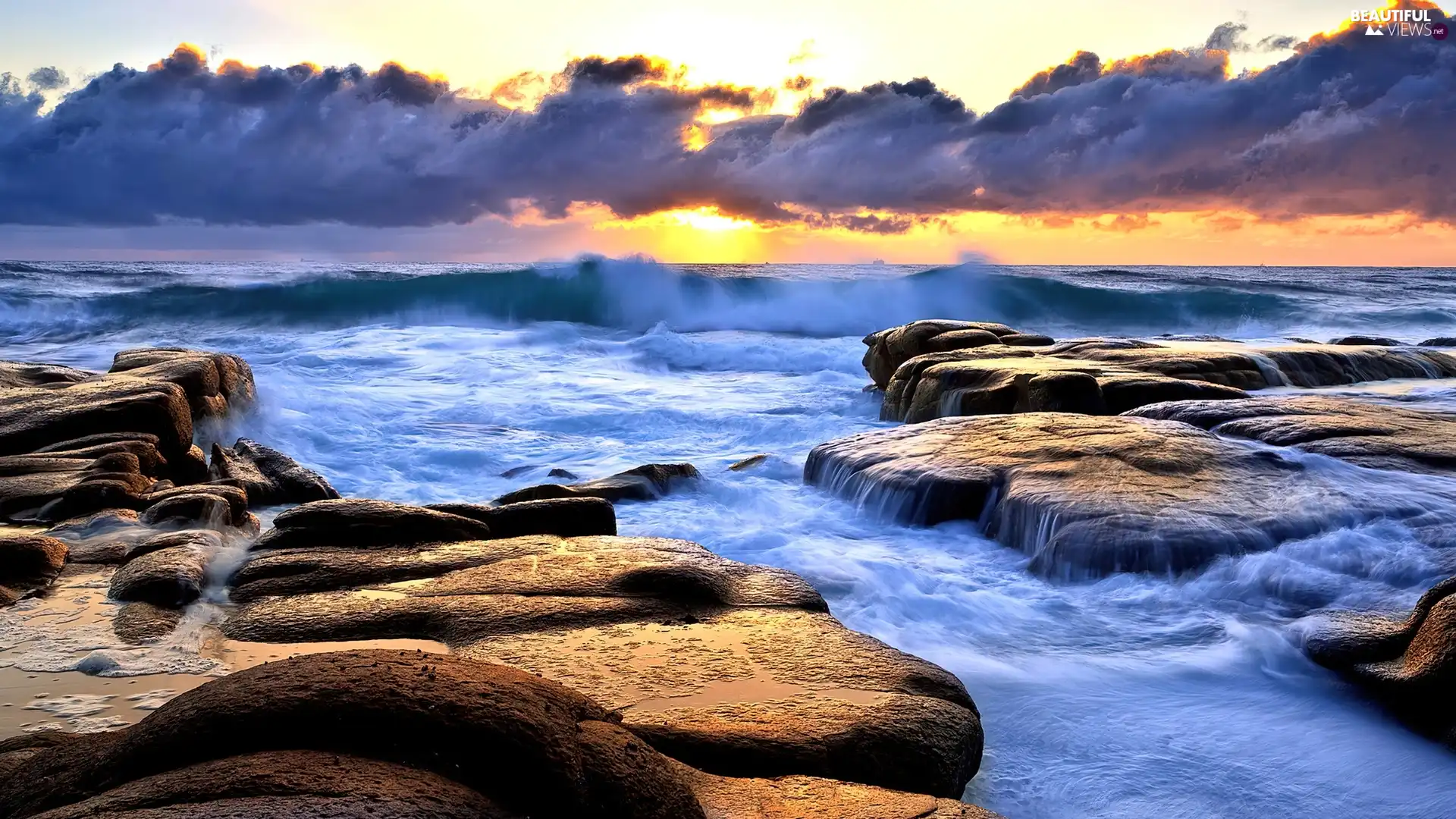 Sky, Waves, Stones, clouds