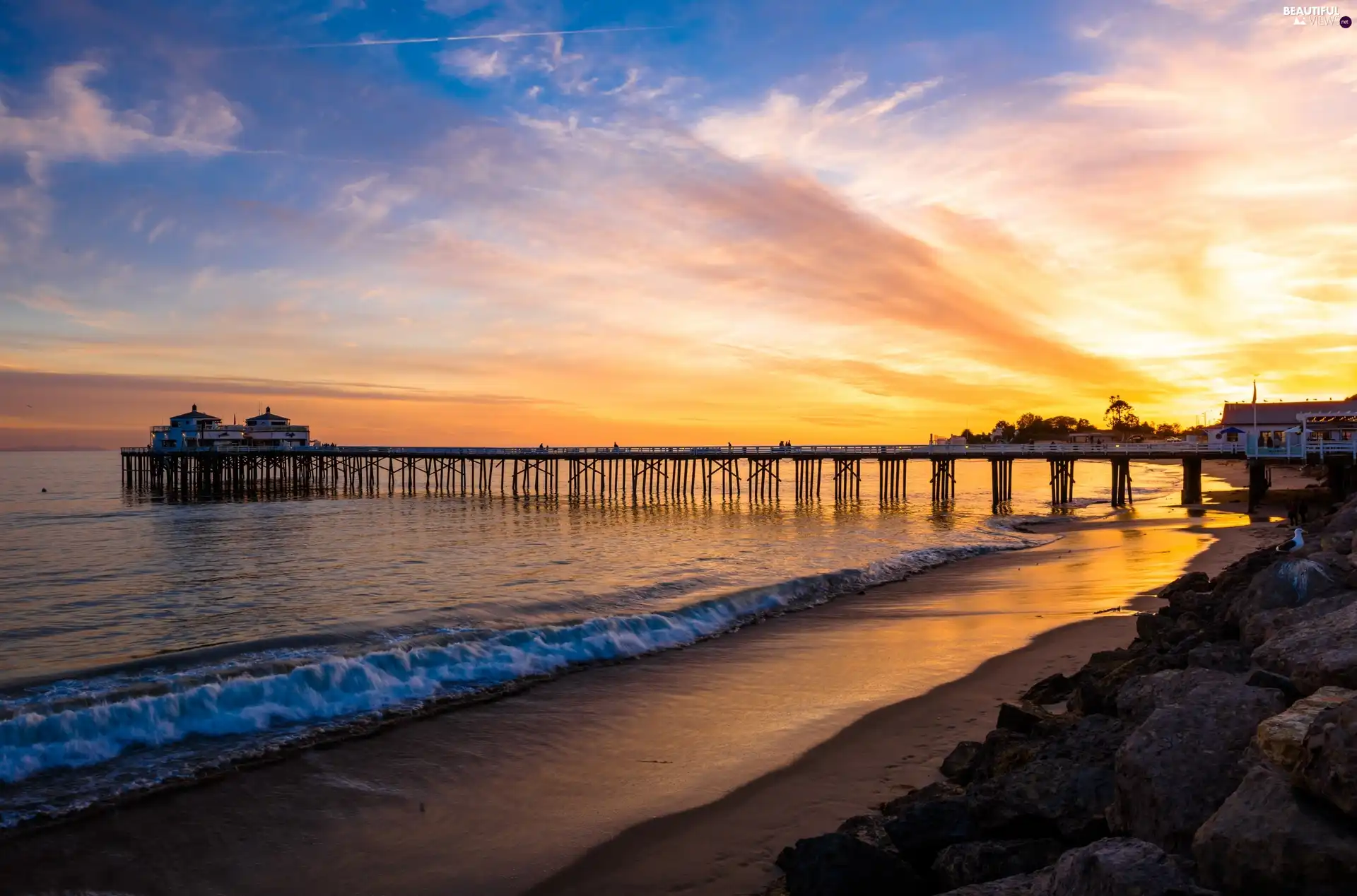 Sunrise, pier, Stones, sea