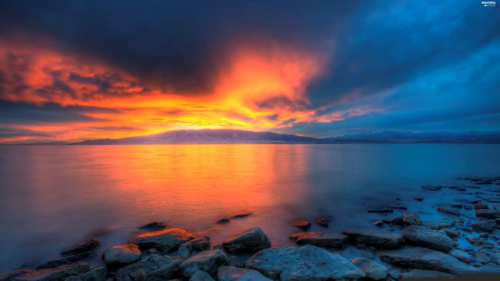 Great Sunsets, lake, Stones