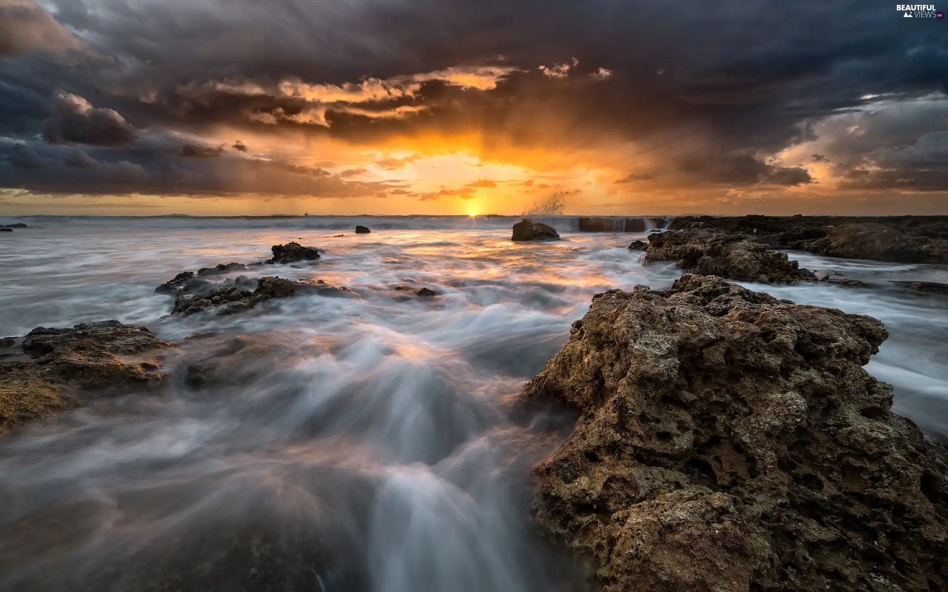 Stones, Great Sunsets, clouds, rocks, sea