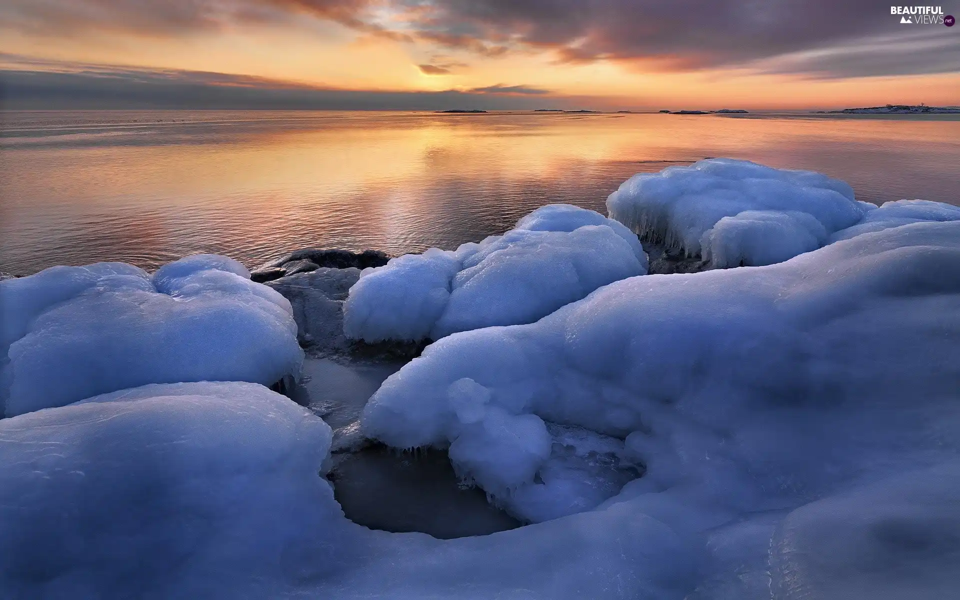 Stones, Great Sunsets, lake, icy, winter