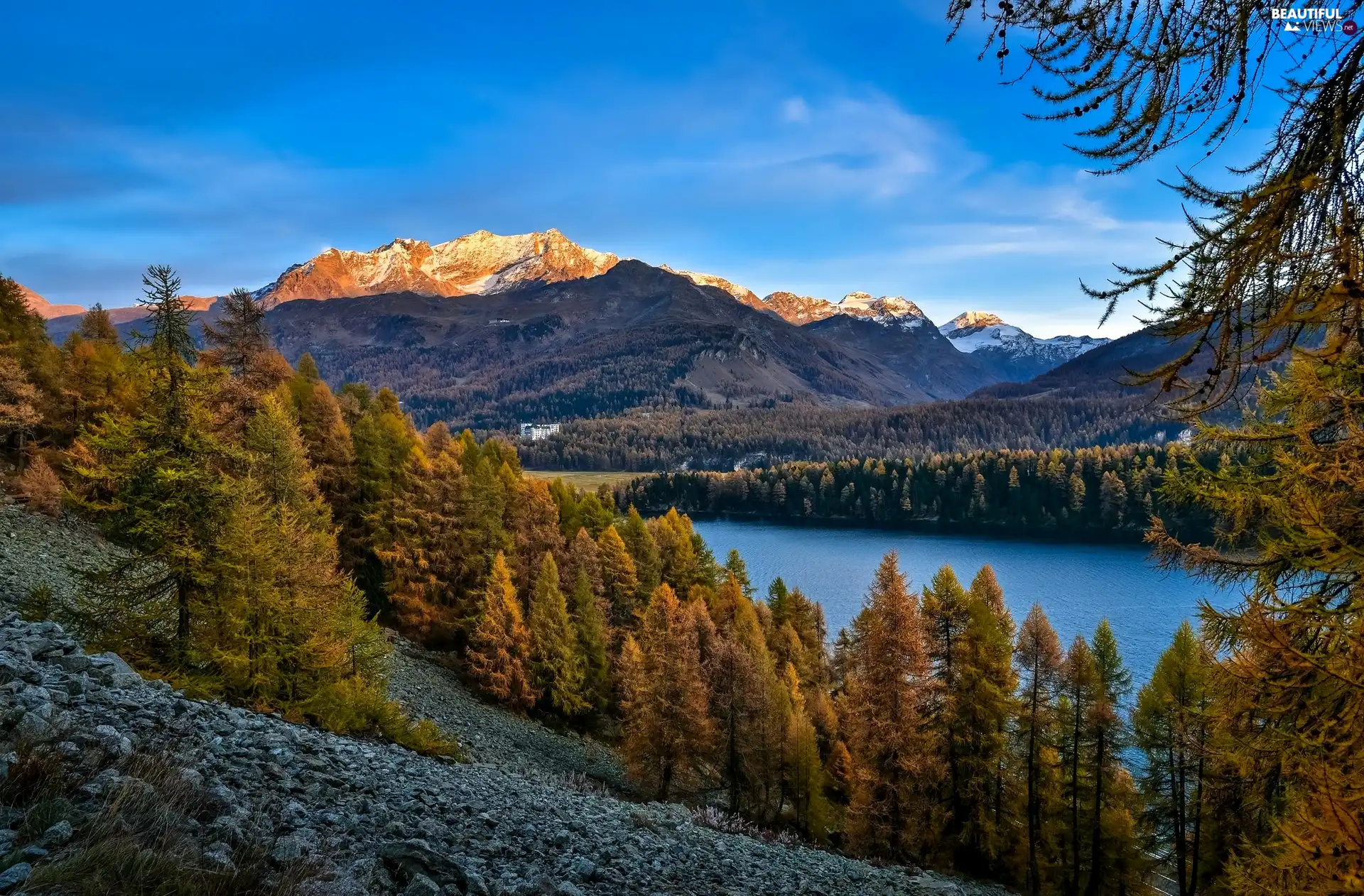 viewes, autumn, lake, Stones, Mountains, trees