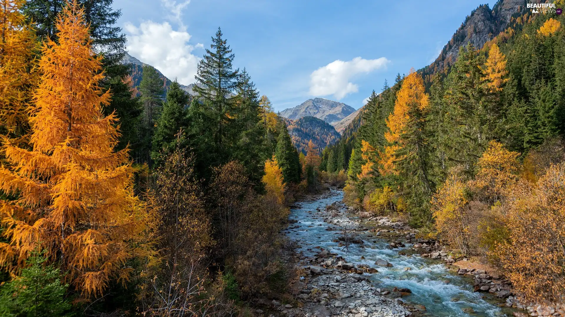 viewes, autumn, River, Stones, Mountains, trees