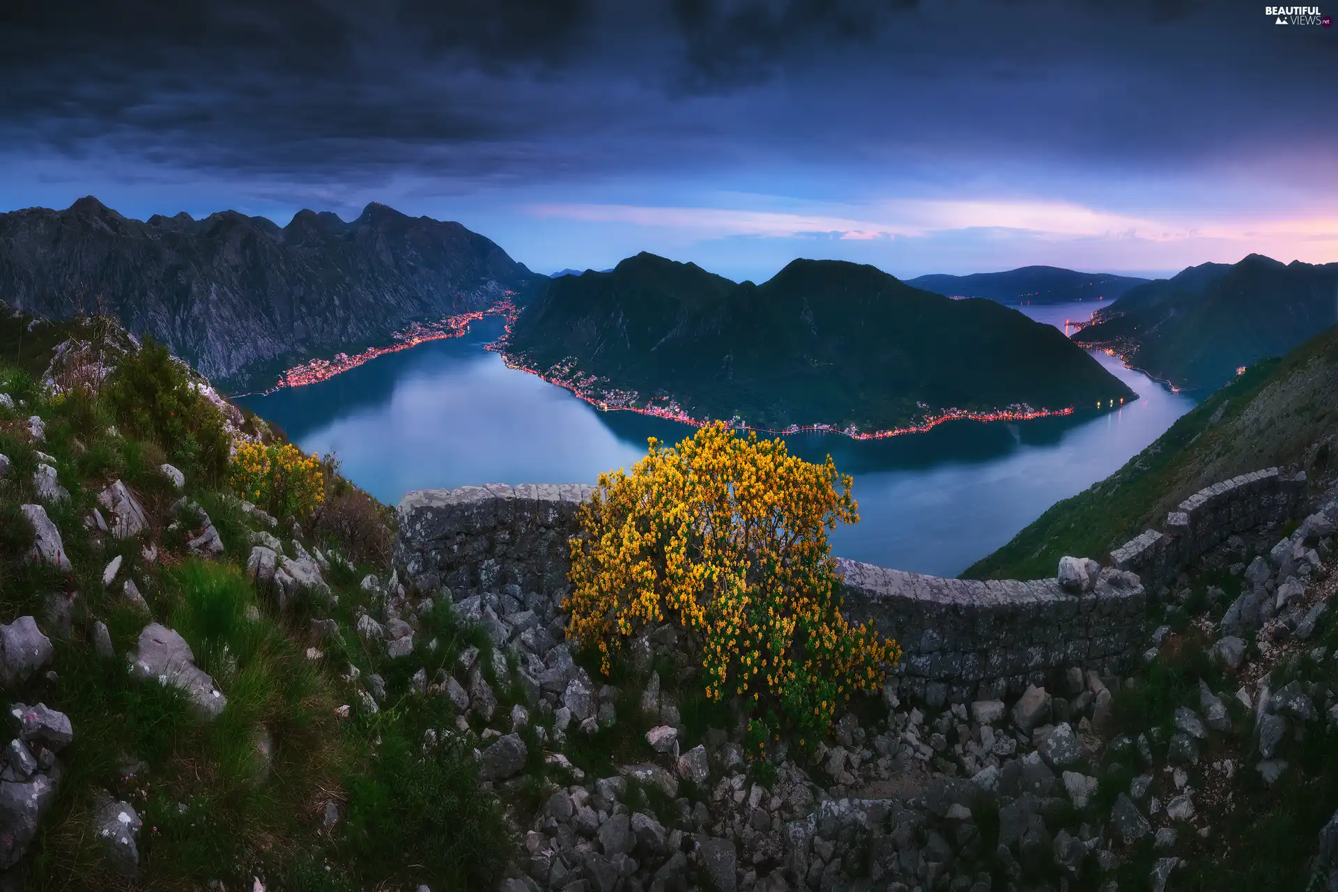 Bay of Kotor, Mountains, River, Montenegro, Stones, VEGETATION, Night, light, trees