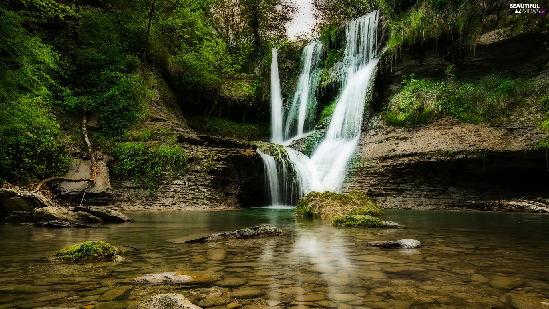 rocks, mossy, viewes, Stones, waterfall, trees, VEGETATION