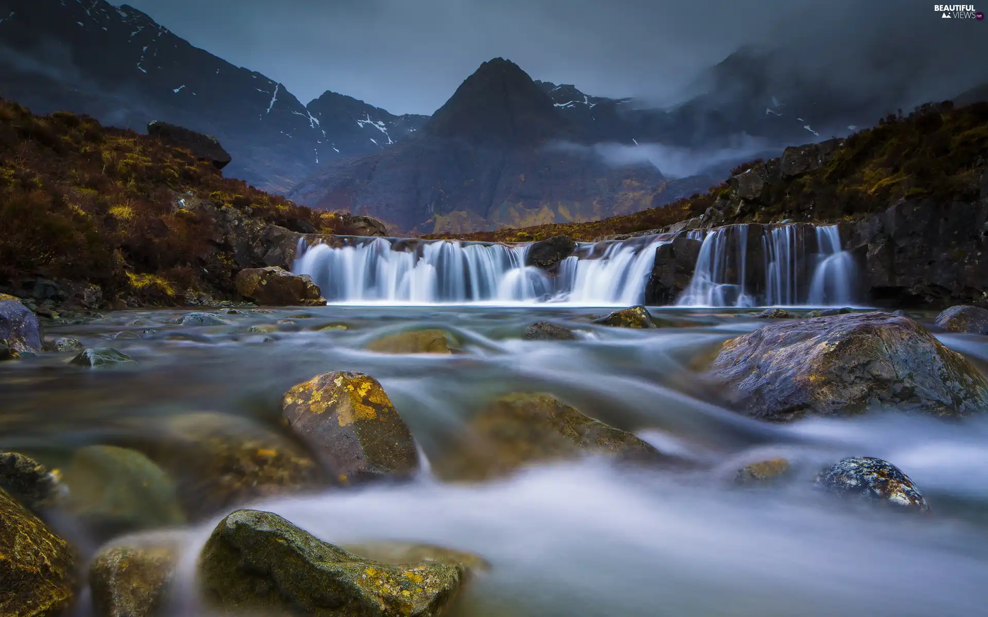 waterfall, Mountains, Stones, River