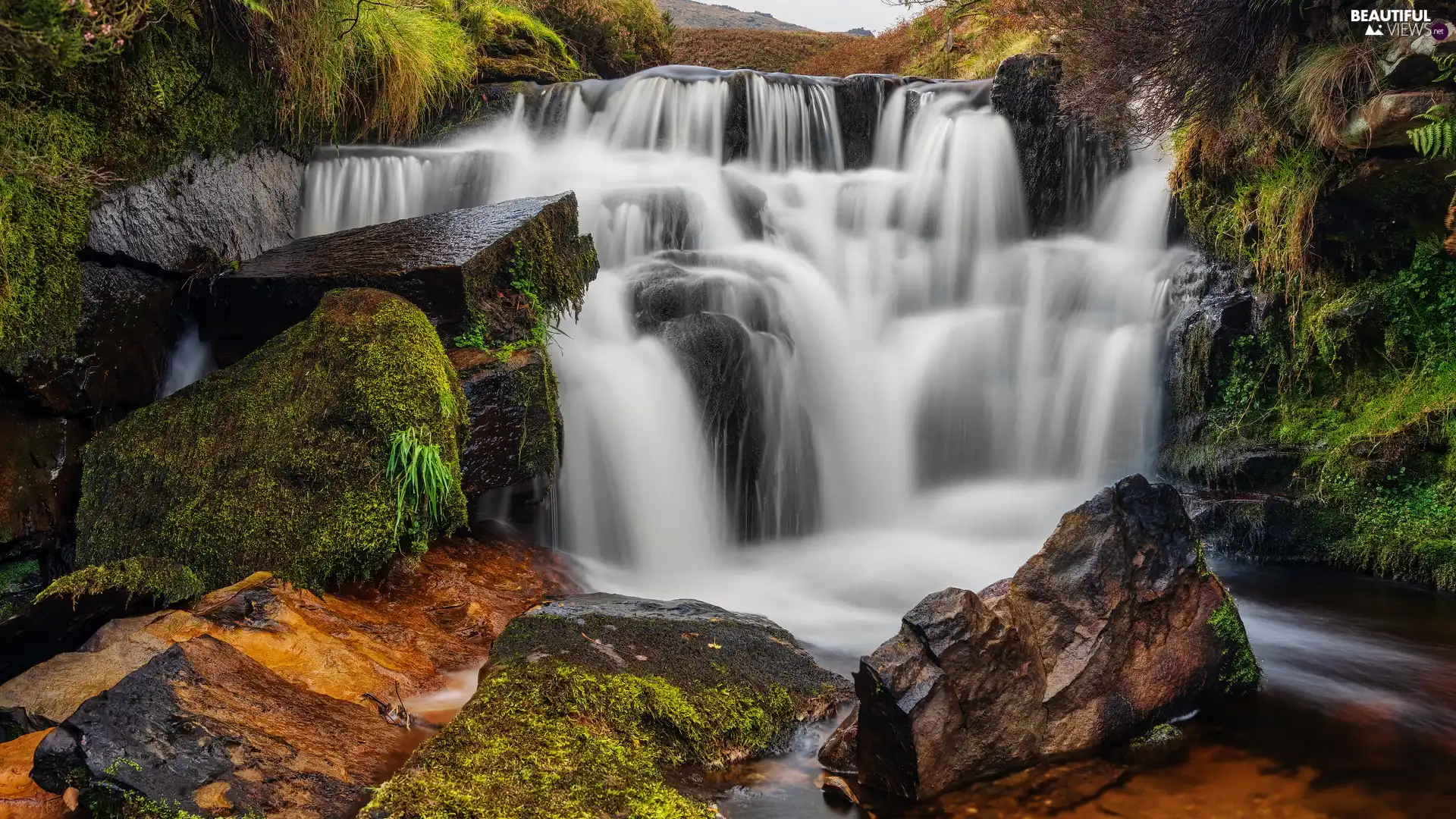 waterfall, rocks, Plants, Stones