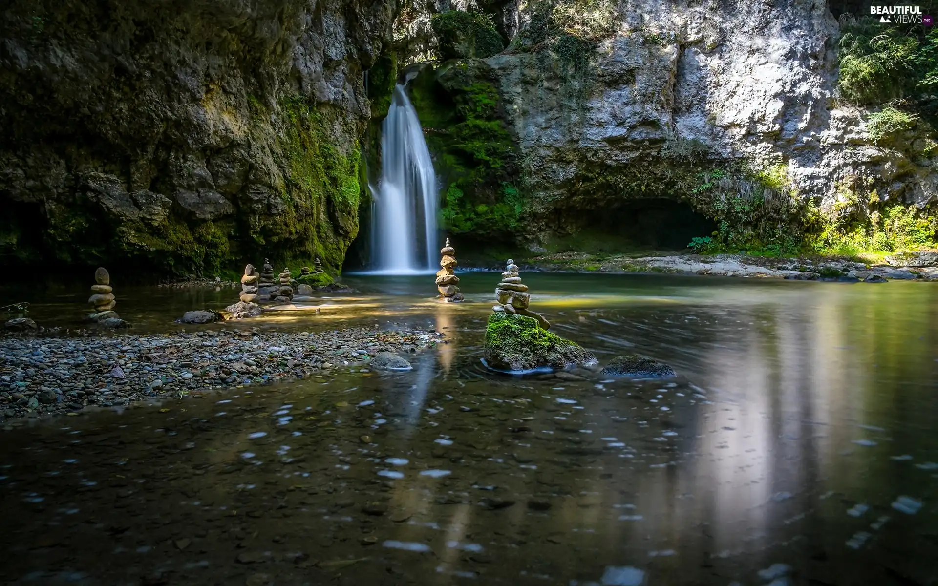 waterfall, water, Stones, rocks