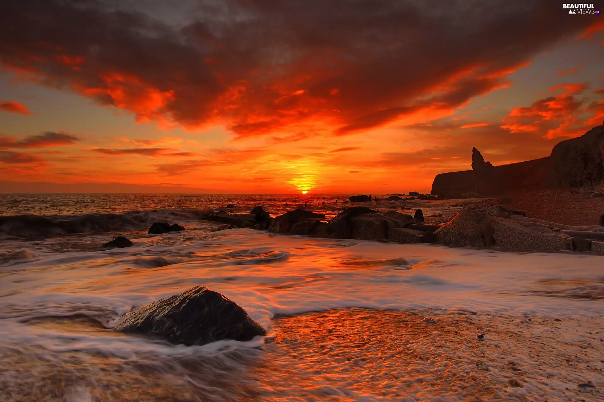 west, sea, Stones rocks, sun