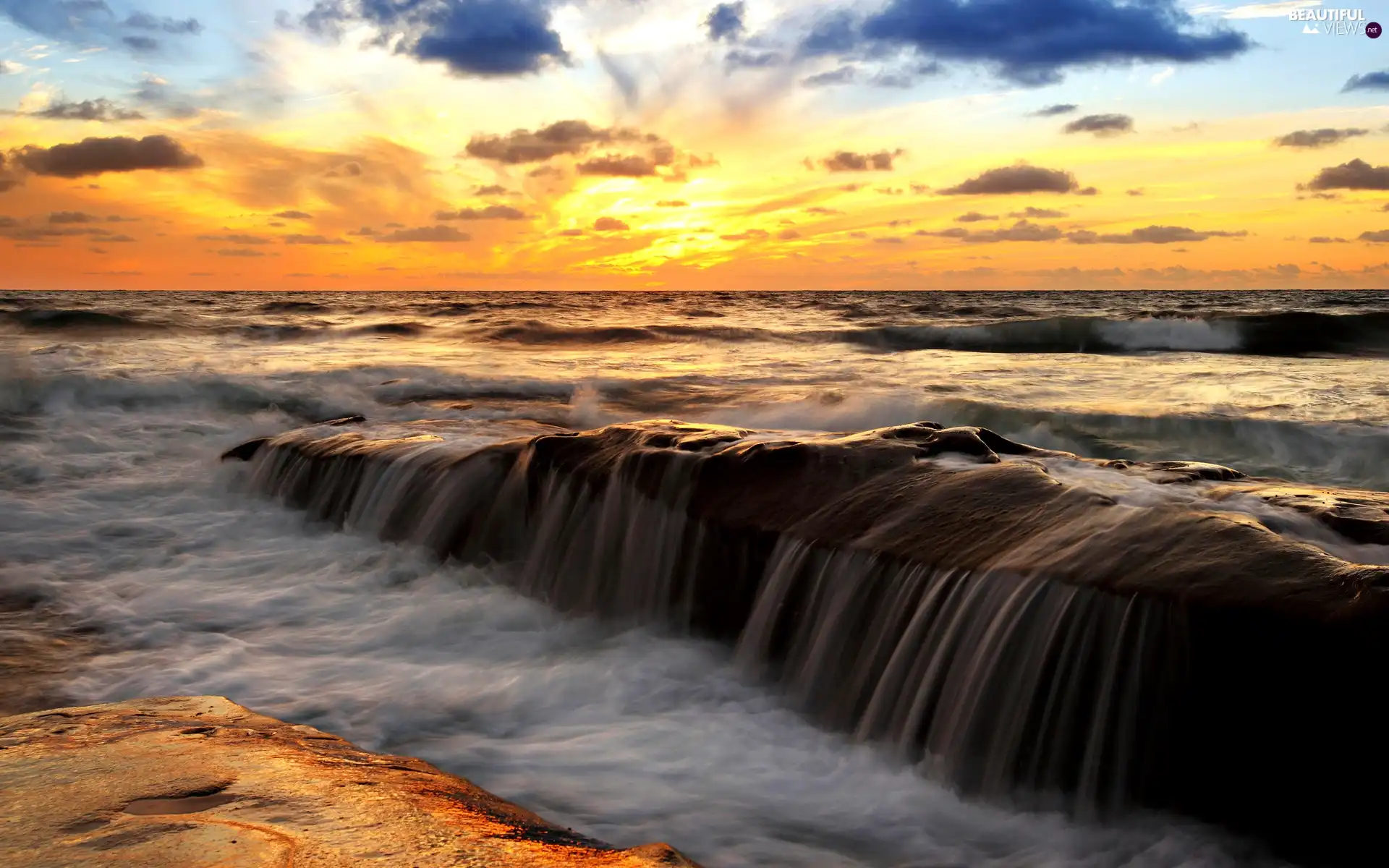 west, sea, Stones, sun