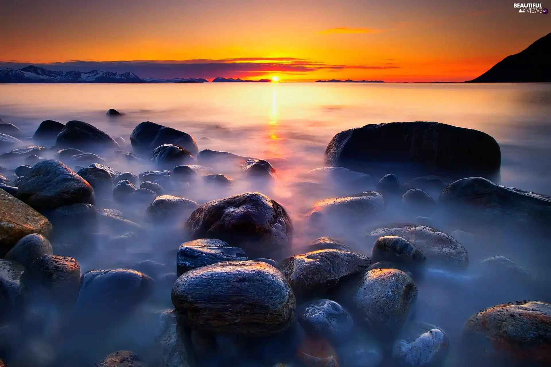 west, sea, Stones, sun