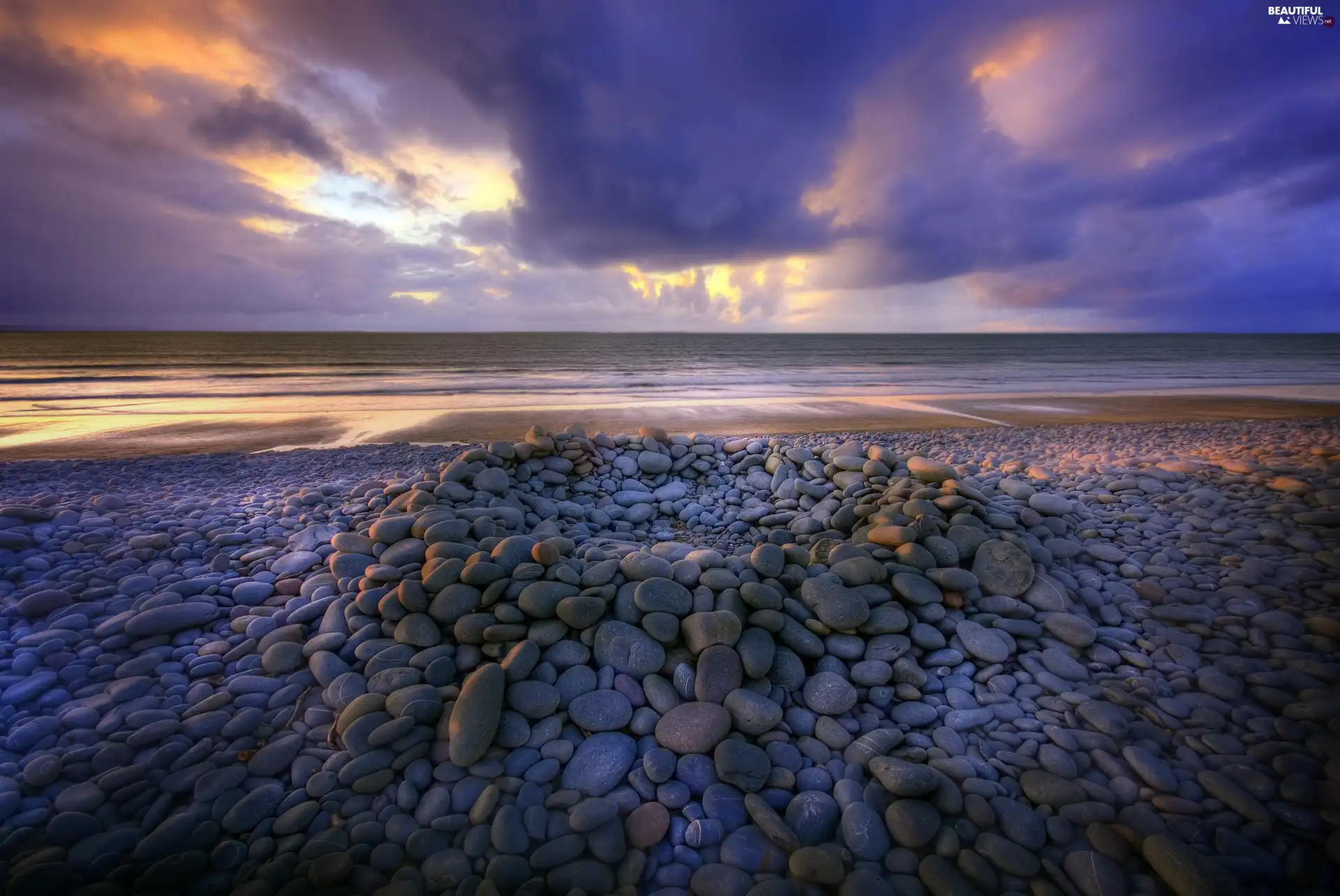 west, sea, Stones, sun