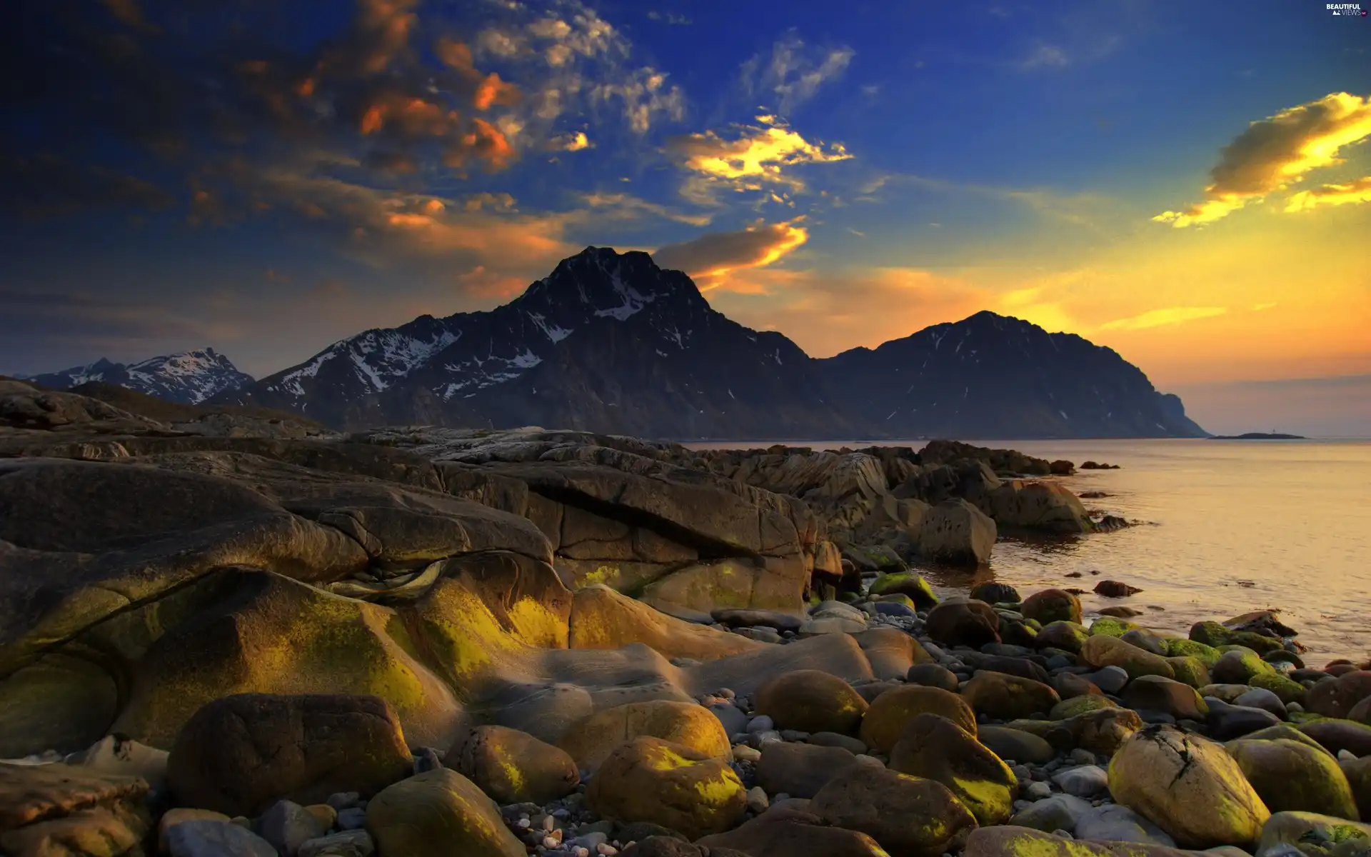 stony, coast, sun, rocks, west