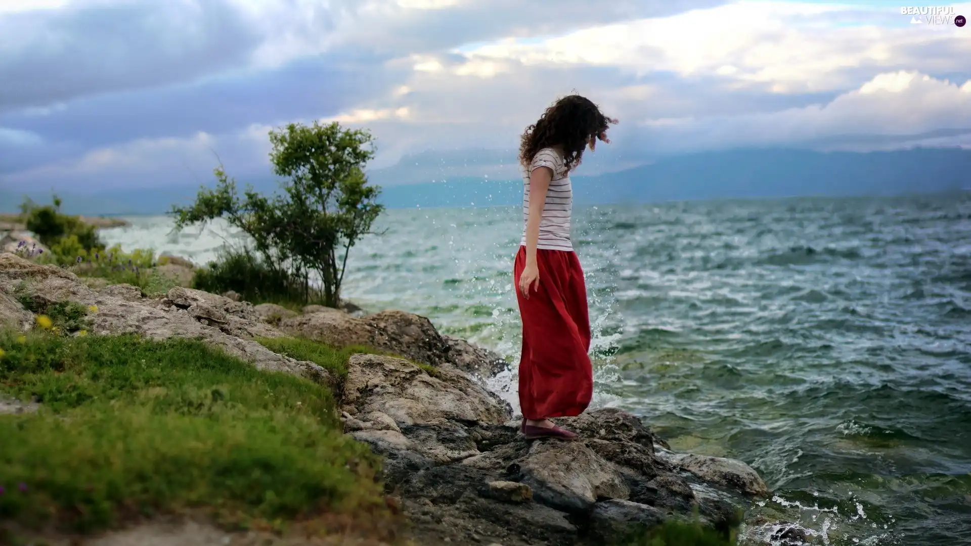 stony, coast, rough, sea, Women