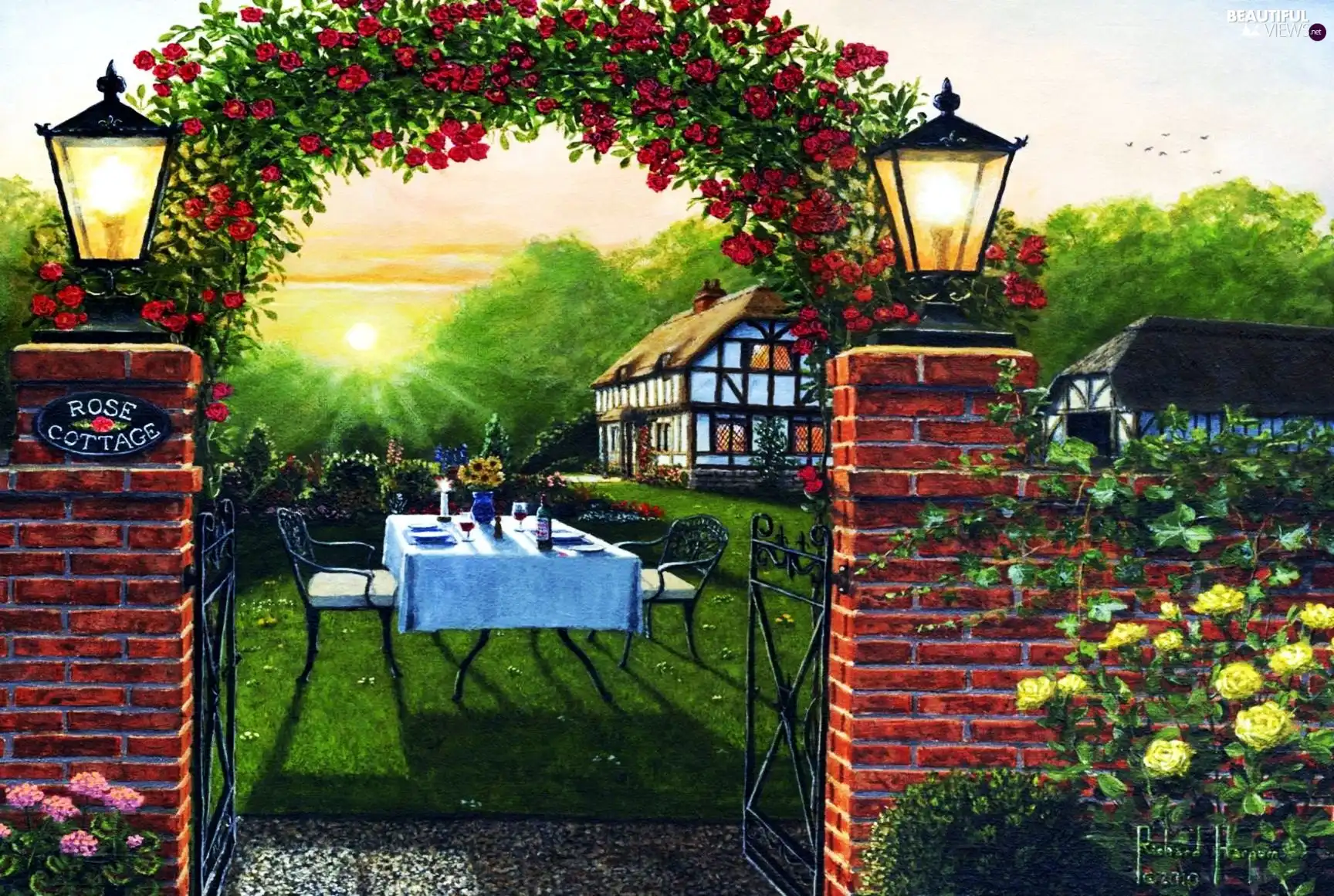 house, Gate, Stool, Flowers, Table, Garden