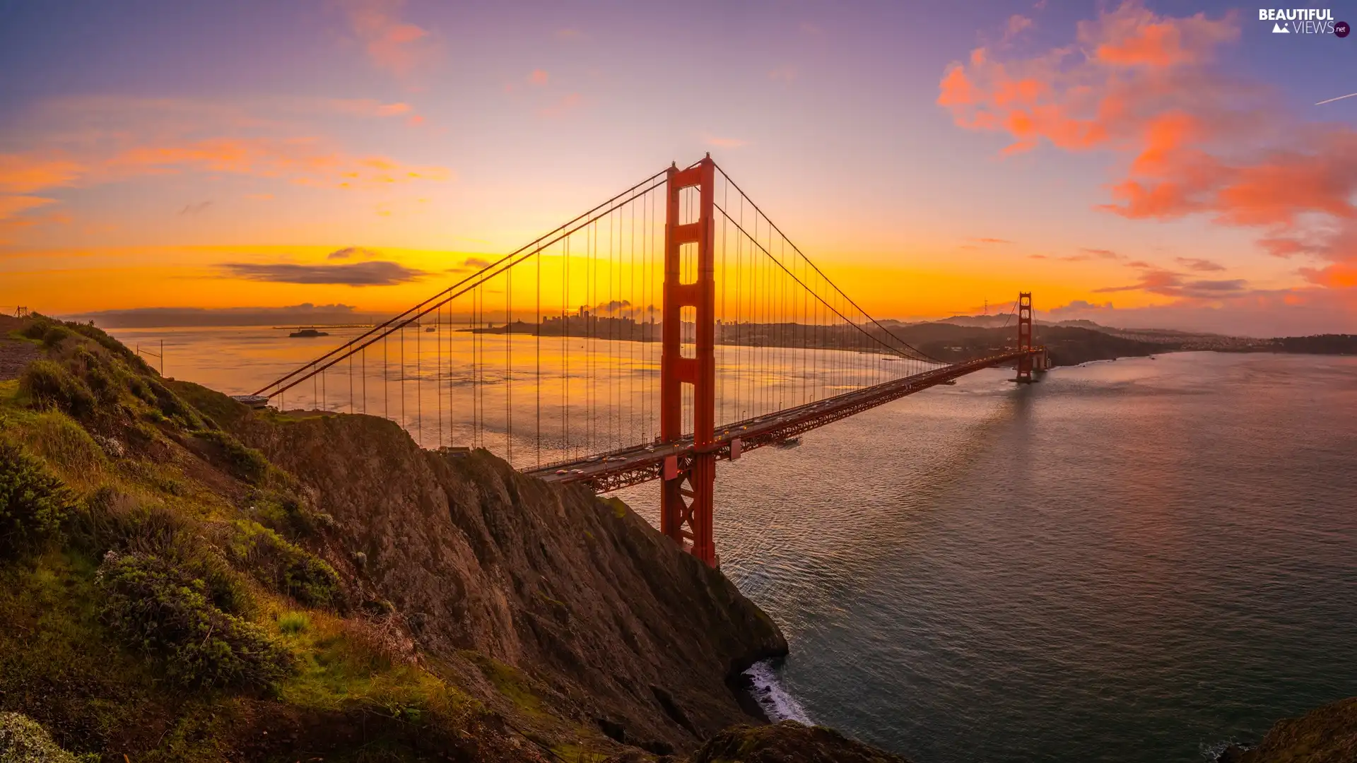 rocks, The United States, Golden Gate Strait, Great Sunsets, Most Golden Gate Bridge, State of California