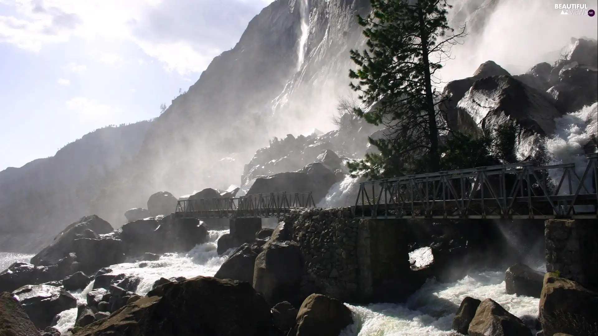 stream, bridge, rocks, rapid, Mountains