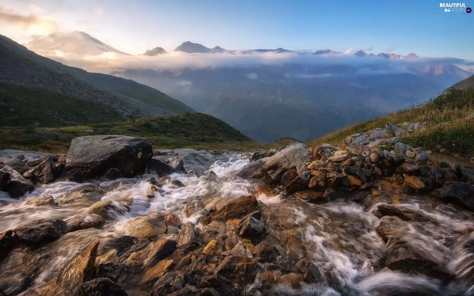 Mountains, River, Stones, stream