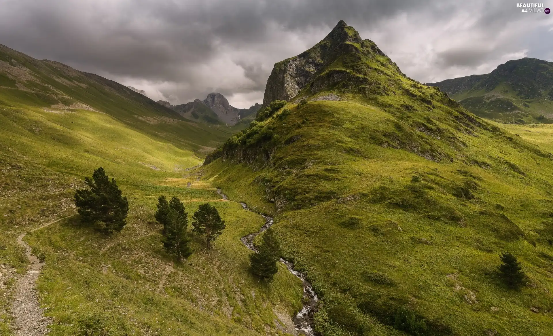 Path, Valley, viewes, stream, Mountains, trees, clouds