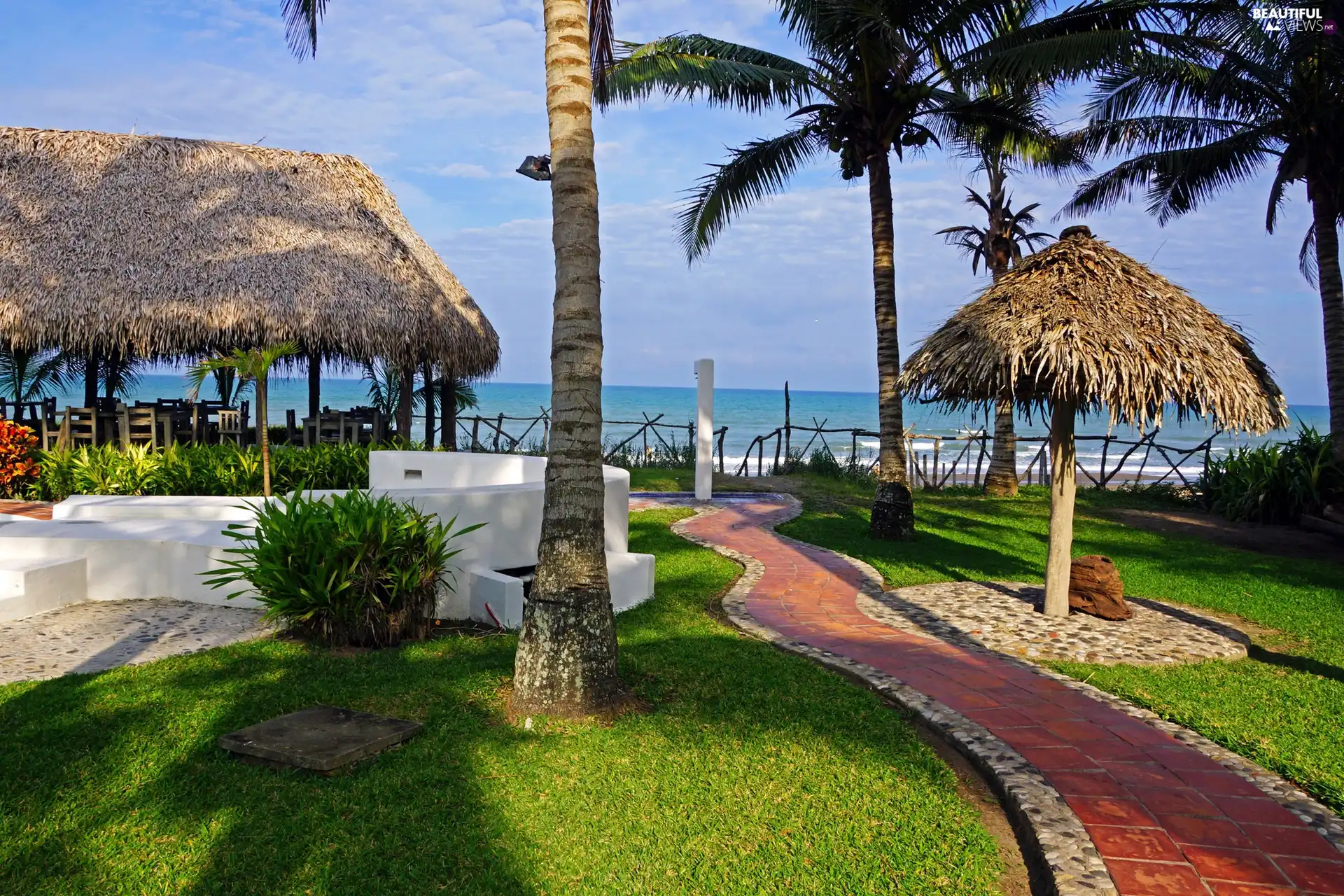 Strzechowe, canopies, Pavement, Palms, lawns