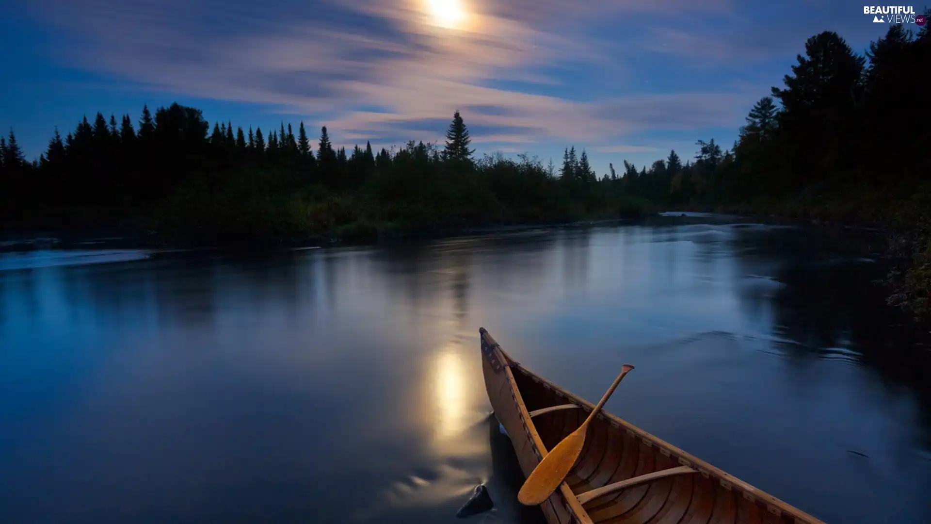 sun, canoe, River, west, forest