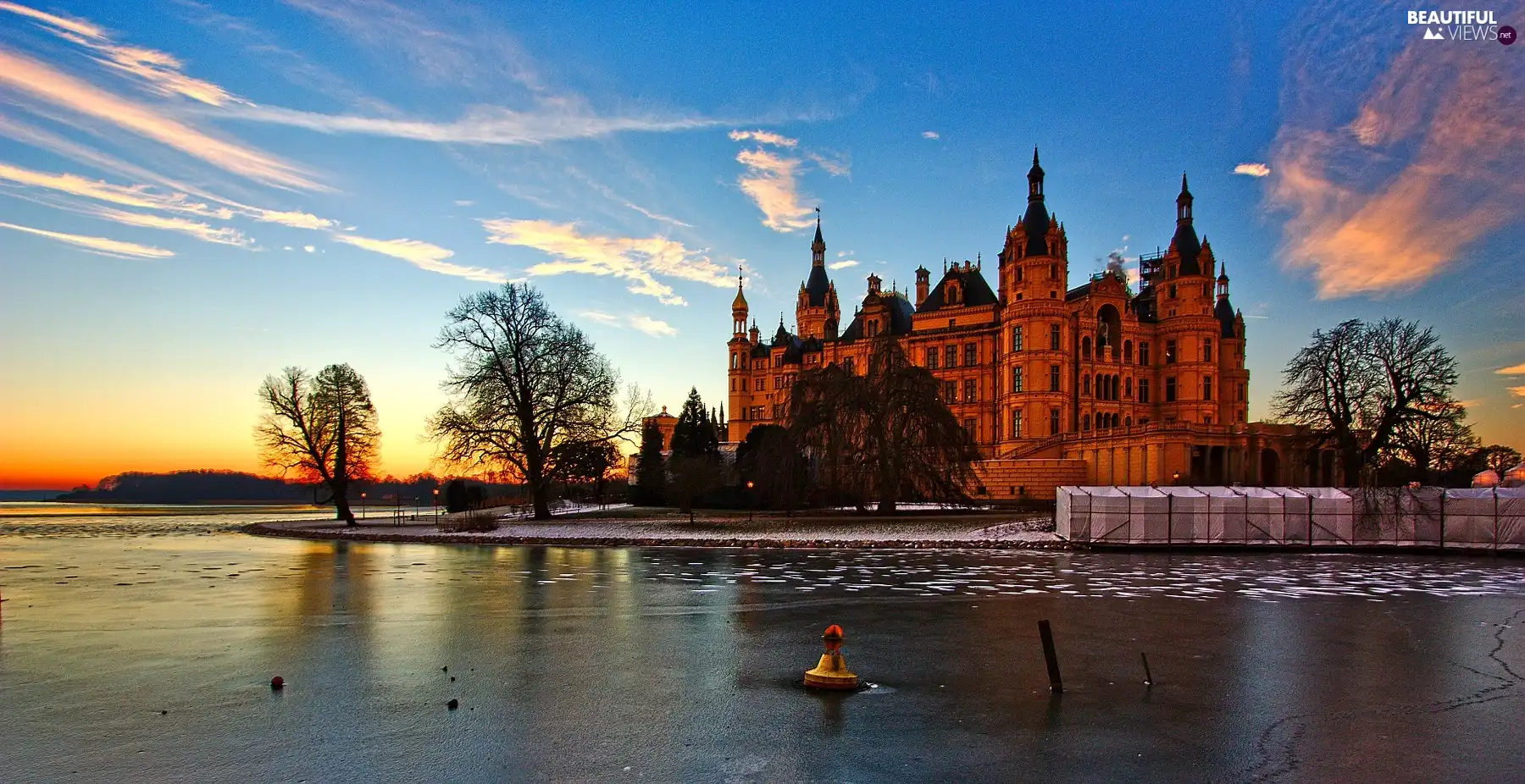 Castle, west, sun, River