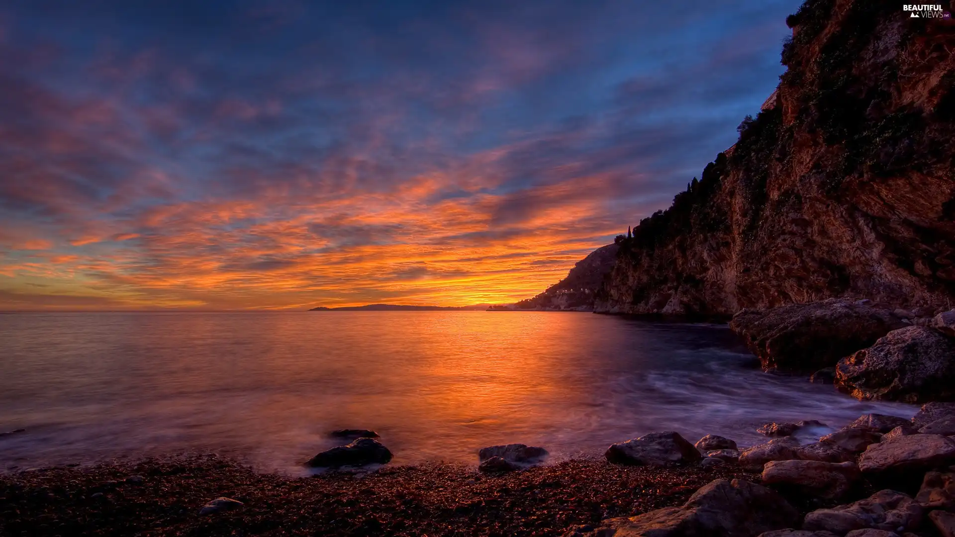 sun, cliff, Stones, west, sea