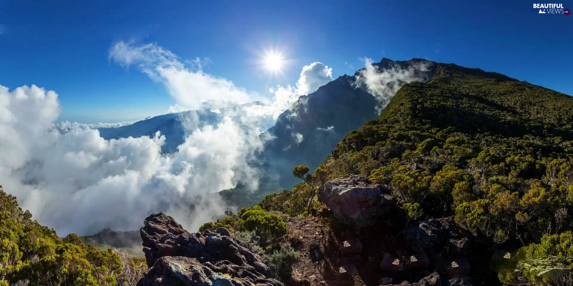 sun, Mountains, clouds